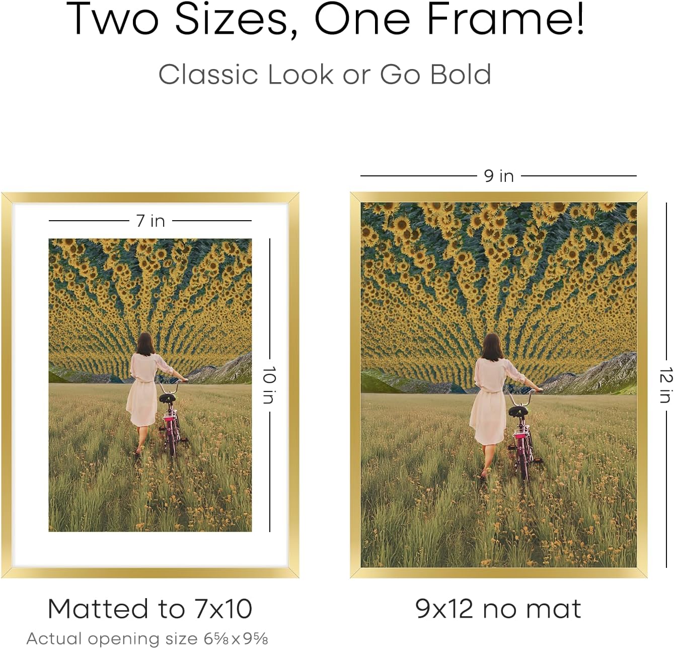 Homeforia 9x12 Gold Frame, High End Metal 9 x 12 Picture Frames with Mat 7 by 10 inch Photo, 9by12 Thin Poster Frame Matted to 7x10 Art, 12x9 Wall or Tabletop Frame, Tempered Glass, Wall Kit, Set of 2