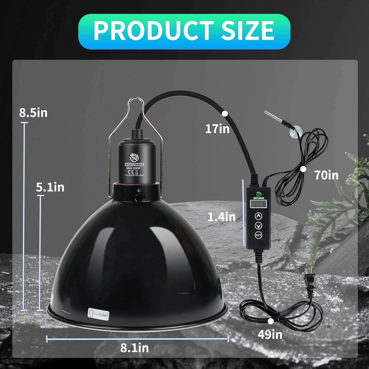 Reptile Light Fixture with Dimming Thermostat, 8.5 Inch Deep Dome Light Fixture with Timer, Reptile Aluminum Dome Fixture for Basking/Heat/UVA/UVB Lamp Bulb