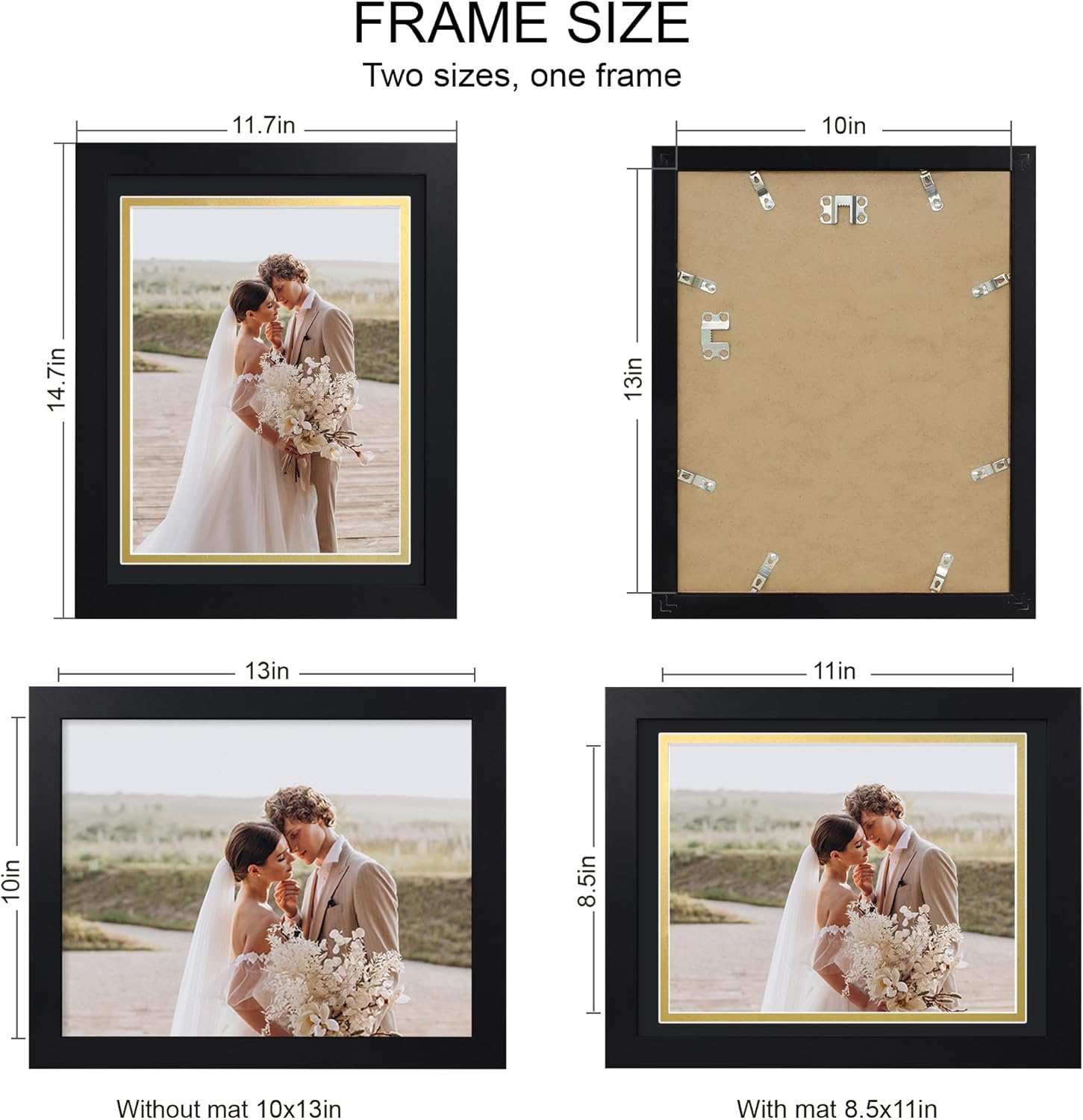 10x13 Picture Frame Set of 4, Made of Real Glass and Black Frame, 10 by 13 Photo for Wall or Tabletop - Display Picture 8.5x11 with Mat or 10x13 Without Mat