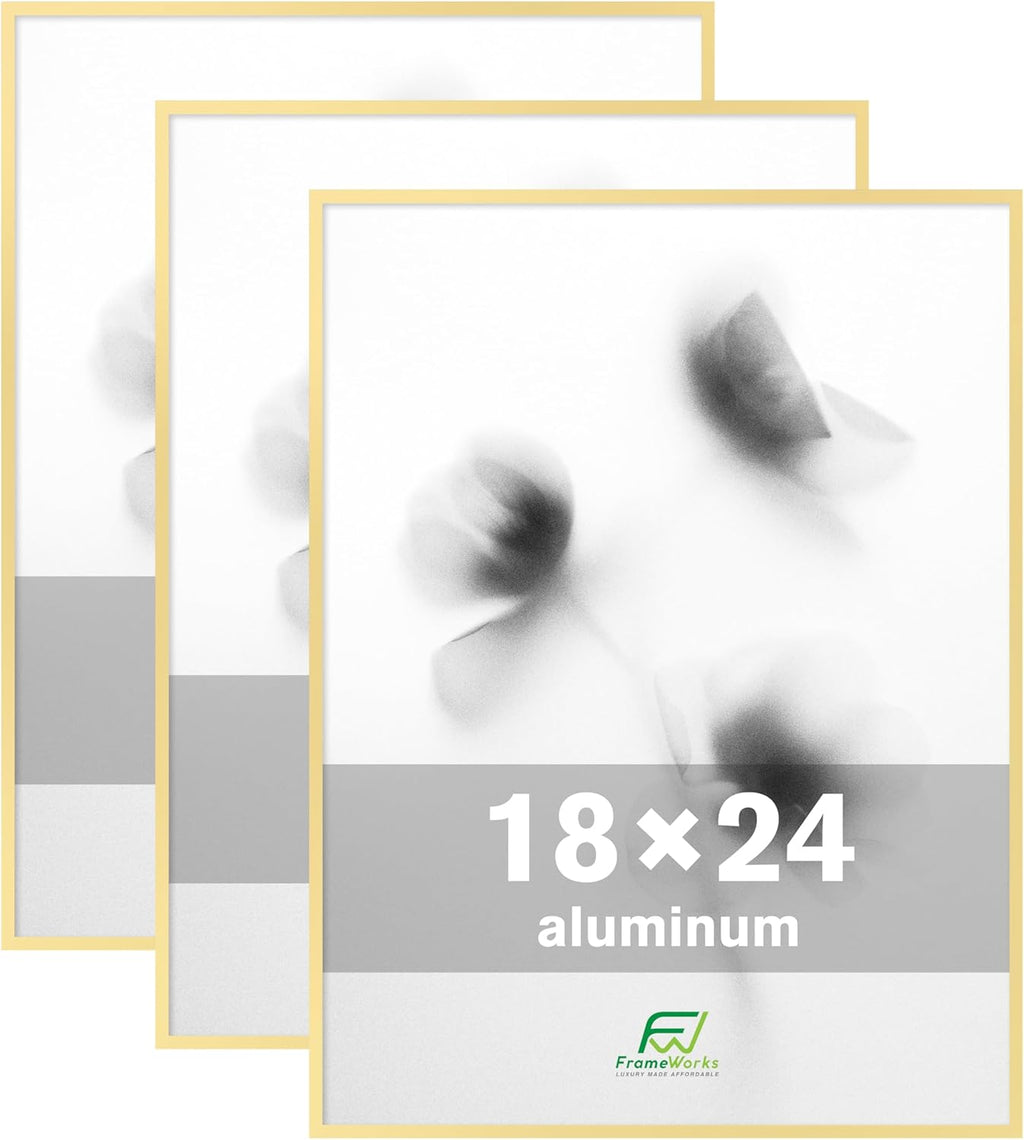 FrameWorks 18x24 Brushed Aluminum Poster Frames – Modern Brushed Metal Design w/Shatterproof Plexiglass, Perfect for Posters, Artwork, Paintings, Wall Displays – Home or Office Decor, Gold - 3 Pack