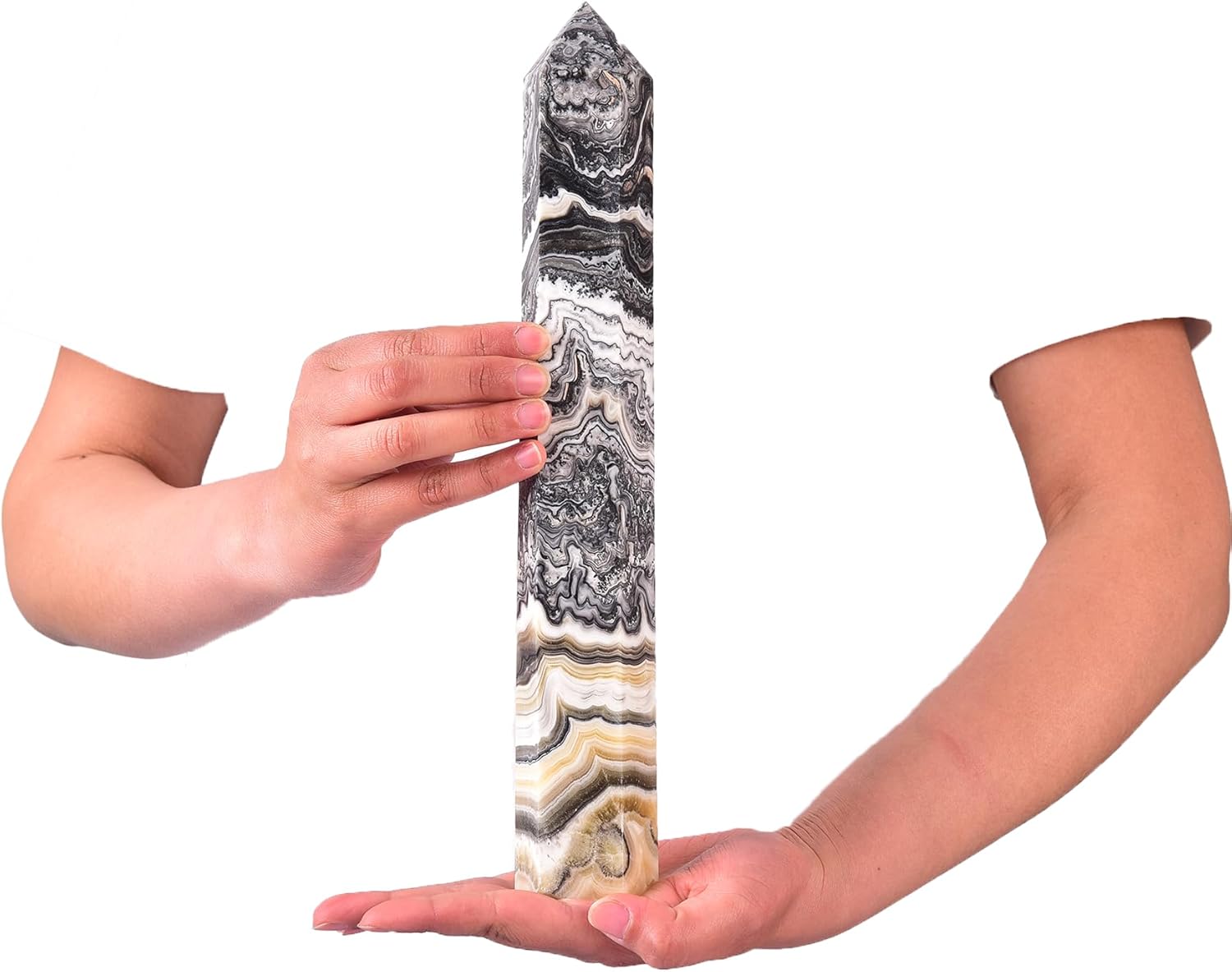 JIC Gem Large Black and Yellow Calcite Healing Crystal Wand Point 6 Faceted Obelisk Tower Reiki Chakra Meditation Therapy 1.7-2.2 Lbs