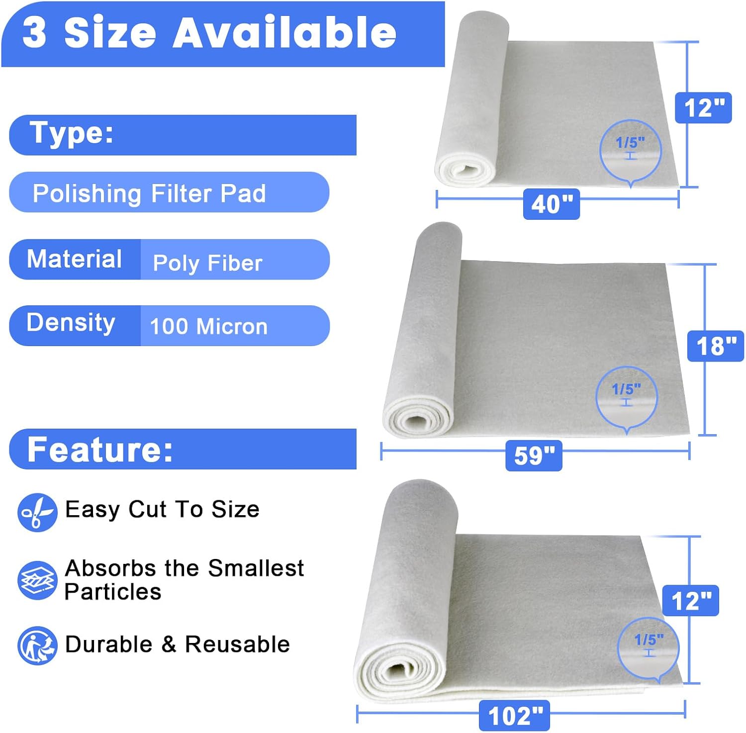 hygger 100 Micron Aquarium Filter Pad Extra Fine Filter Floss for Fish Tank Poly Filter Media Wool Water Polishing Felt 18"x 60"