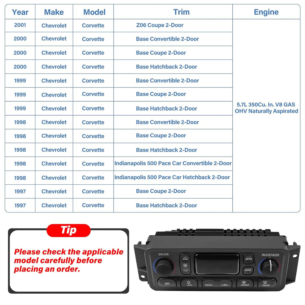 16256018 A/C Heater Climate Control Module Panel Switch for 1997-2004 Chevy Corvette C5 5.7L, Electronic Dual A/C Temperature Controller, OE# 09352181, 16254311, 1626603, 10345293, 09380441, 162660