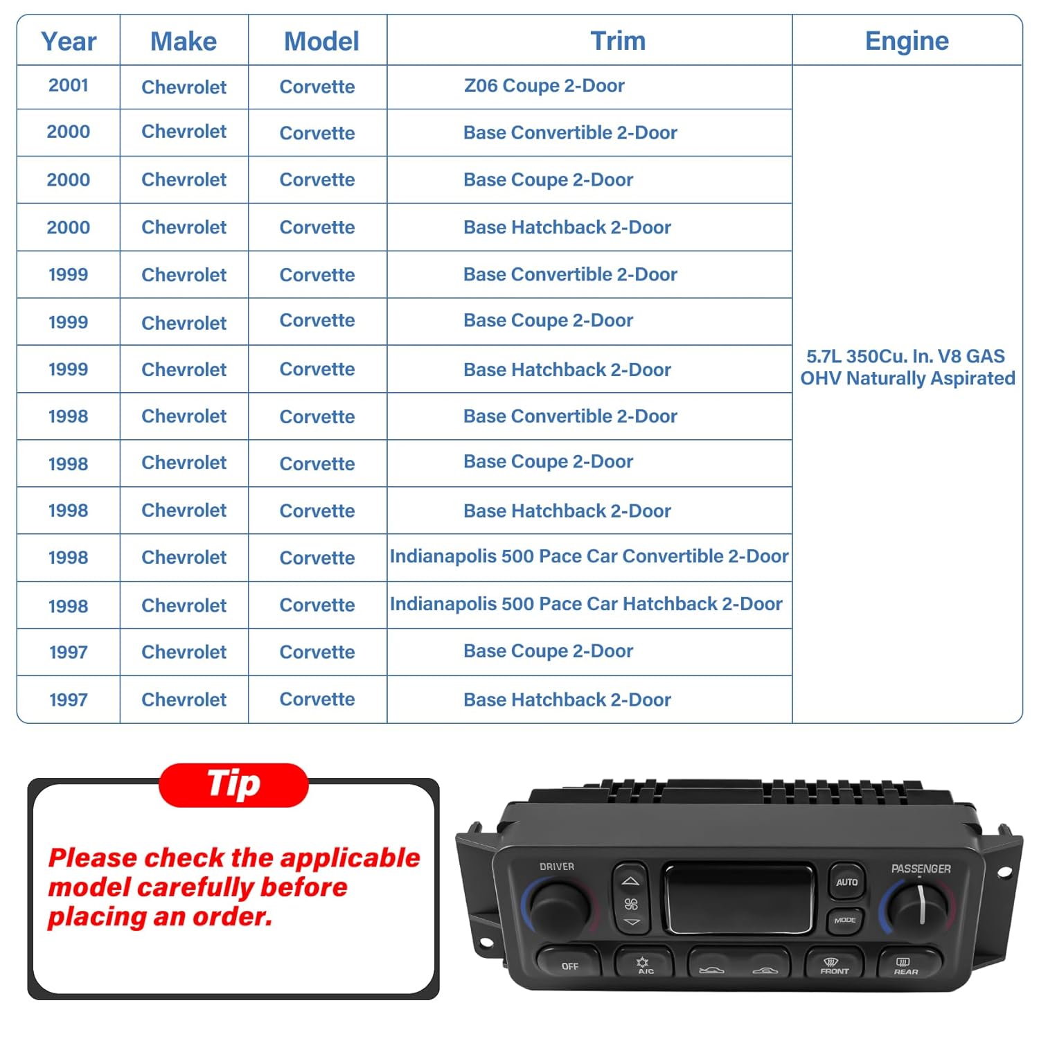 16256018 A/C Heater Climate Control Module Panel Switch for 1997-2004 Chevy Corvette C5 5.7L, Electronic Dual A/C Temperature Controller, OE# 09352181, 16254311, 1626603, 10345293, 09380441, 162660