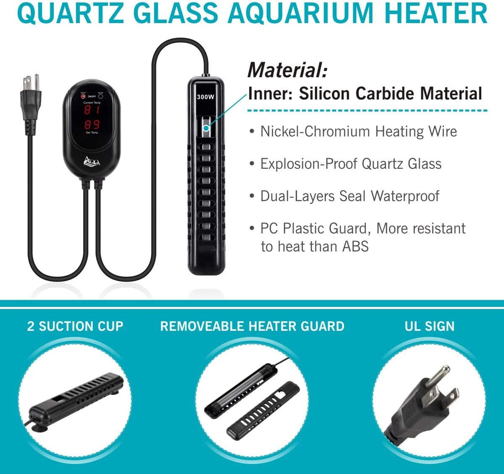 AQQA Aquarium Heater 300W for 80-95 Gallon Fish Tank Heater Aquarium Submersible Heater Betta Fish Heater Aquarium Thermostat Heater for Freshwater Saltwater Fish Tanks (300W for 80-95 Gal)