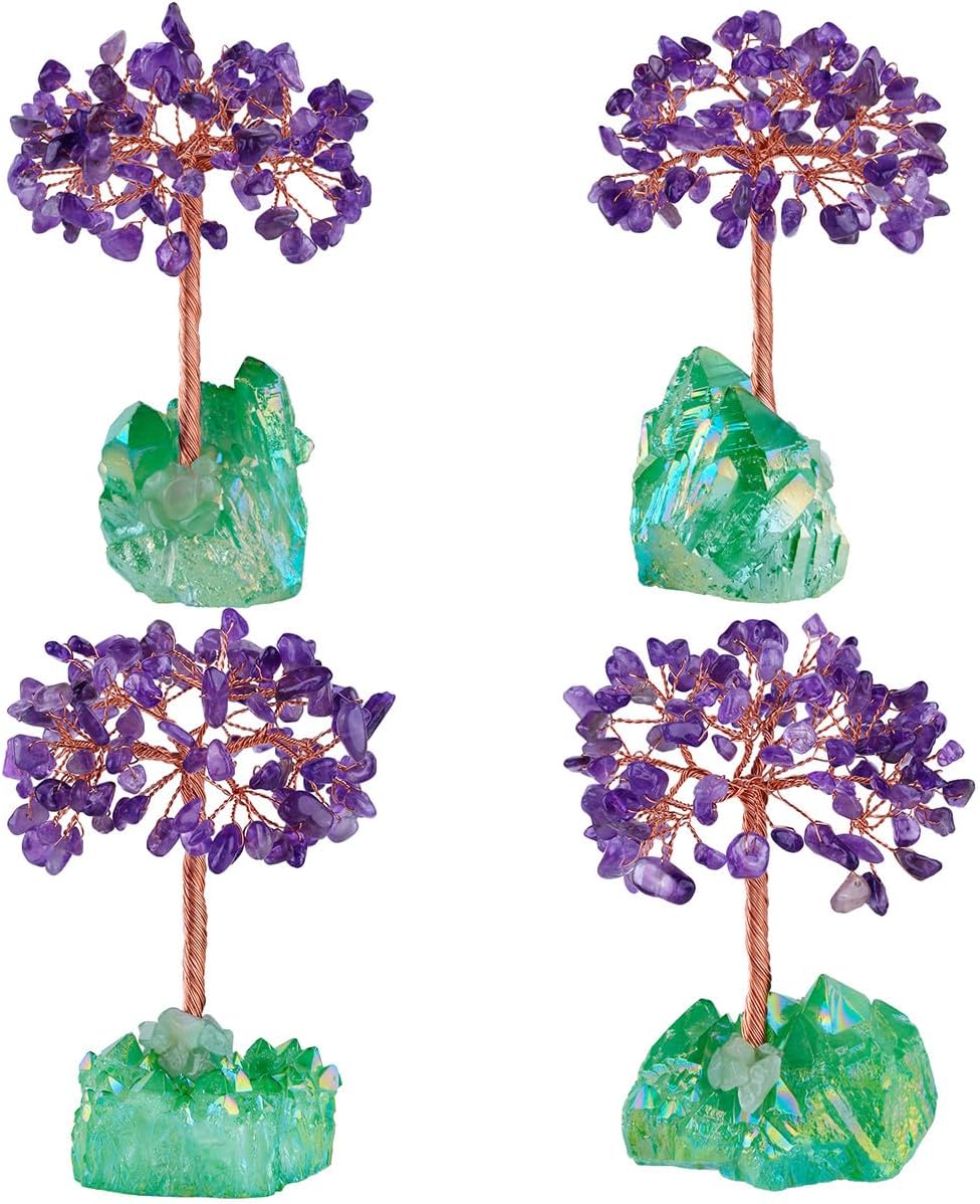 mookaitedecor Amethyst Crystal Tree, Quartz Cluster Green Titanium Crystals Base Bonsai Money Tree for Wealth and Luck