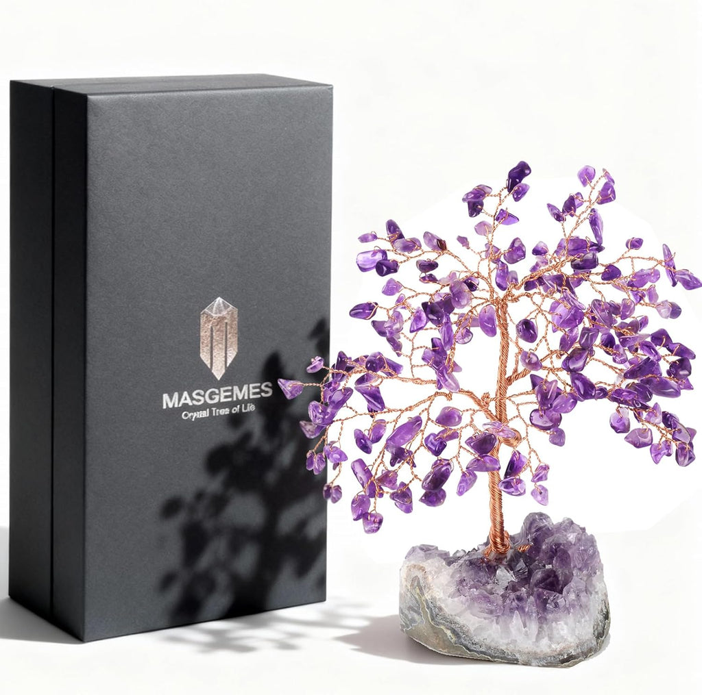 Handmade Chakra Gemstone Crystal Tree of Life,Natural Amethyst with Amethyst Cluster Base,Bonsai Feng Shui Decor Money Tree,Healing Crystals Positive Energy Gift Size 5.5"-6.3"