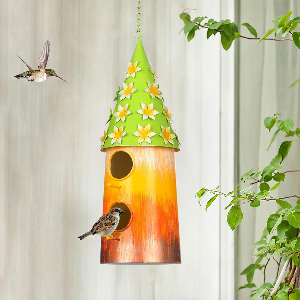 BAYN Hanging Bird House for Outside, 2 Story Double Hole Metal Birdhouse for Outdoor Hanging Handwork Bird Nest Decorative Garden Decor Outdoor