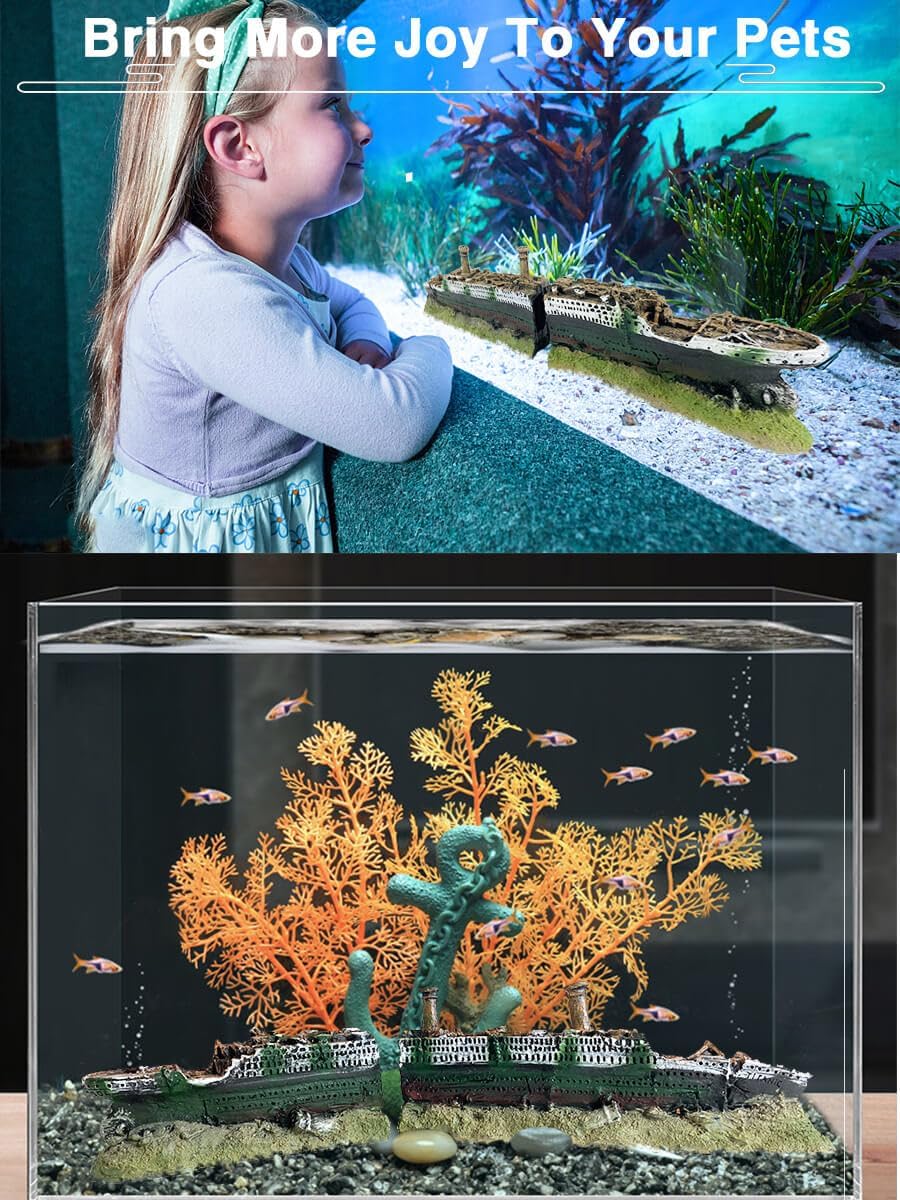 Aquarium Titanic Shipwreck Ornament - Aquarium Small Decor Cave for Fish Tank,Aquarium Small Sunken Ship Ornament Fishtank Decoration for Fishtank - 14.2 Inches Long