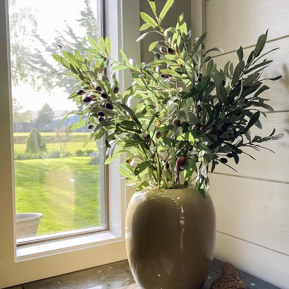 3pcs Artificial Plants Greenery Olive Branches Stems Fake Plants Green Leaves Fruits Branch Leaves for Home Office ndoor Outside DIY-Wreath Decor 27-Inch (3)
