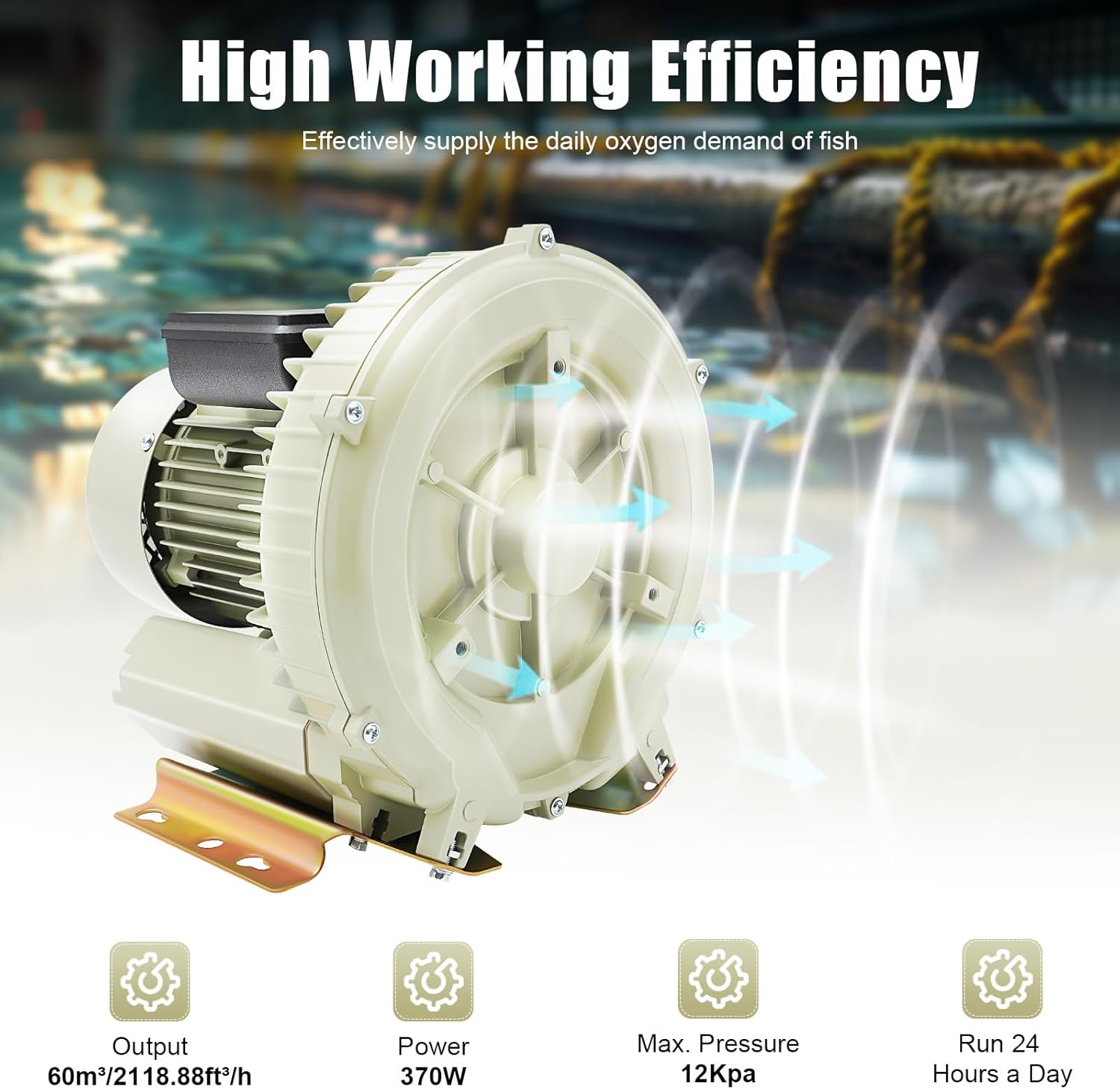 370W Industrial Vortex Air Blower, 110V Commercial High Pressure Aquaculture Air Pump, 60m³/h Output Electric Oxygen Pump for Fish Pond Aquarium Water Tank(US Standard)