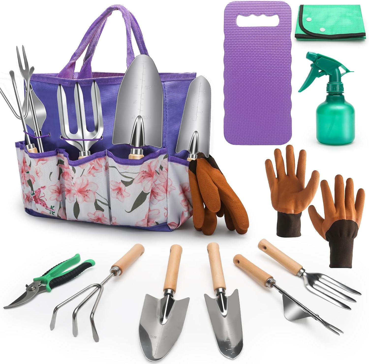 Gardening Tools Set, 11 Piece Garden Hand Tools, Garden Tools Set with Rust-Proof,Fashion and Durable Garden Tools Organizer Handbag Perfect Gardening Gifts for Mothers Day & Outdoor (Purple)