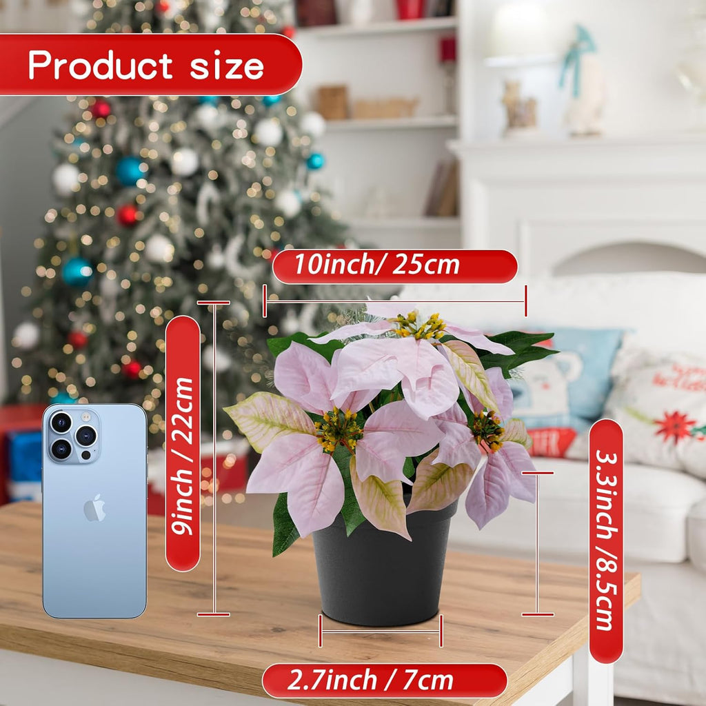 2 Pack Poinsettias Artificial Christmas Flowers Small Pink Poinsettia Plant Artificial 9 Inch Faux Winter Flowers for Porch Home Garden Decorations Indoor Outdoor Xmas Ornament