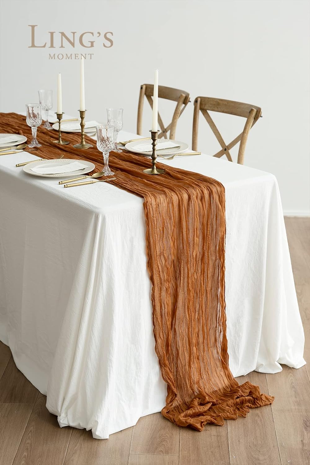 Ling's moment 14Ft Brown Terracotta Table Runner Cheesecloth Gauze Semi-Sheer Burnt Orange Tablecloth for Wedding Party Bridal Shower Boho Table Decor