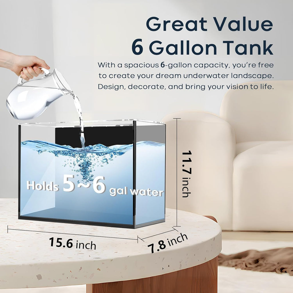 5 Gallon Small Aquarium Set Glass Fish Tank 6 Gallon, Starter Kit with Heater Water Pump Cleaning System Filter Bright Light Rocks Gravel Cleaning Tool, Leak-Proof Clear Rimless Betta Plants