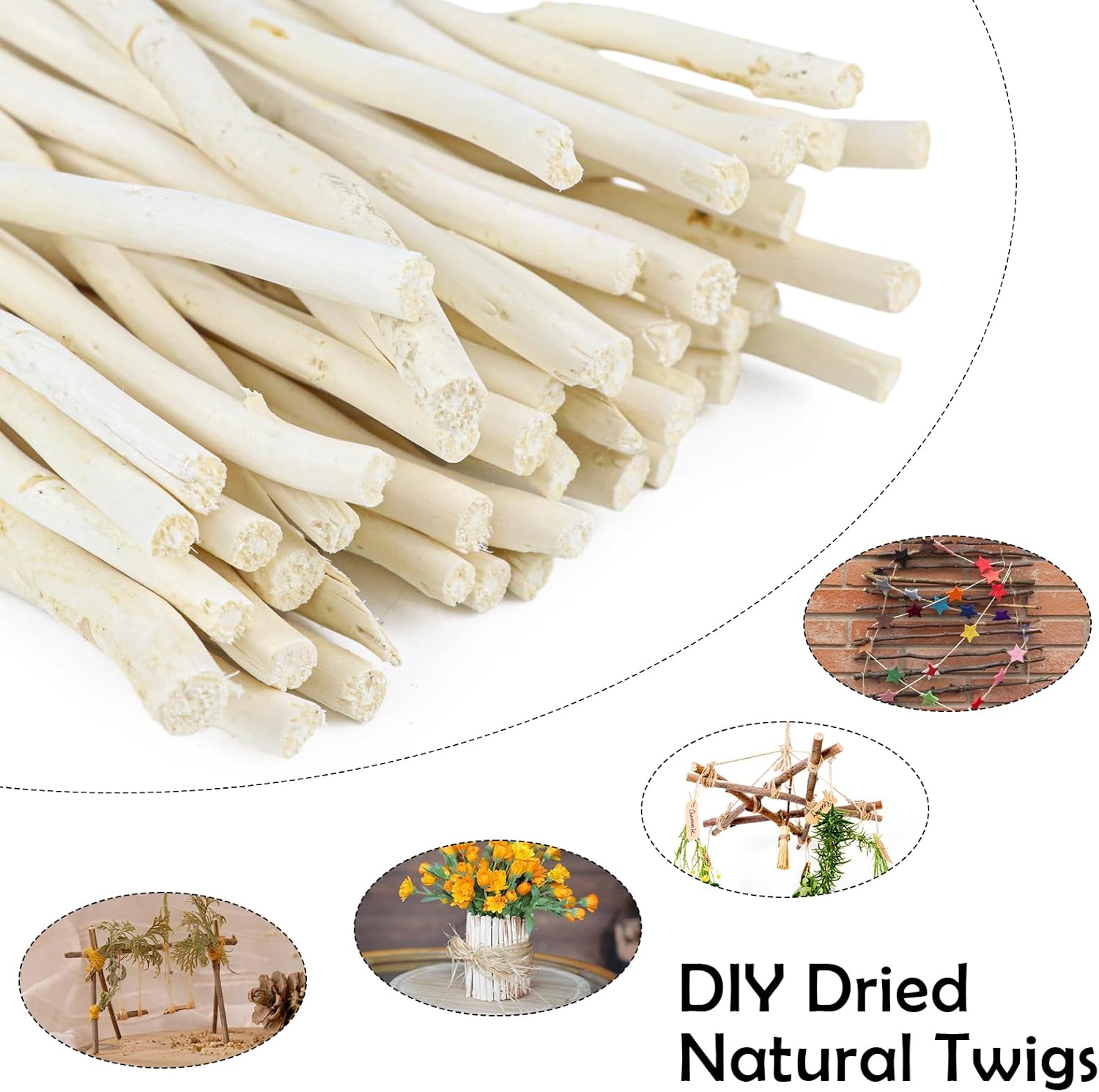 50Pcs Natural Twigs, Driftwood Branches, Unfinished Timber Rods for Model Making, Home Decor & Art Supplies (White 20CM)