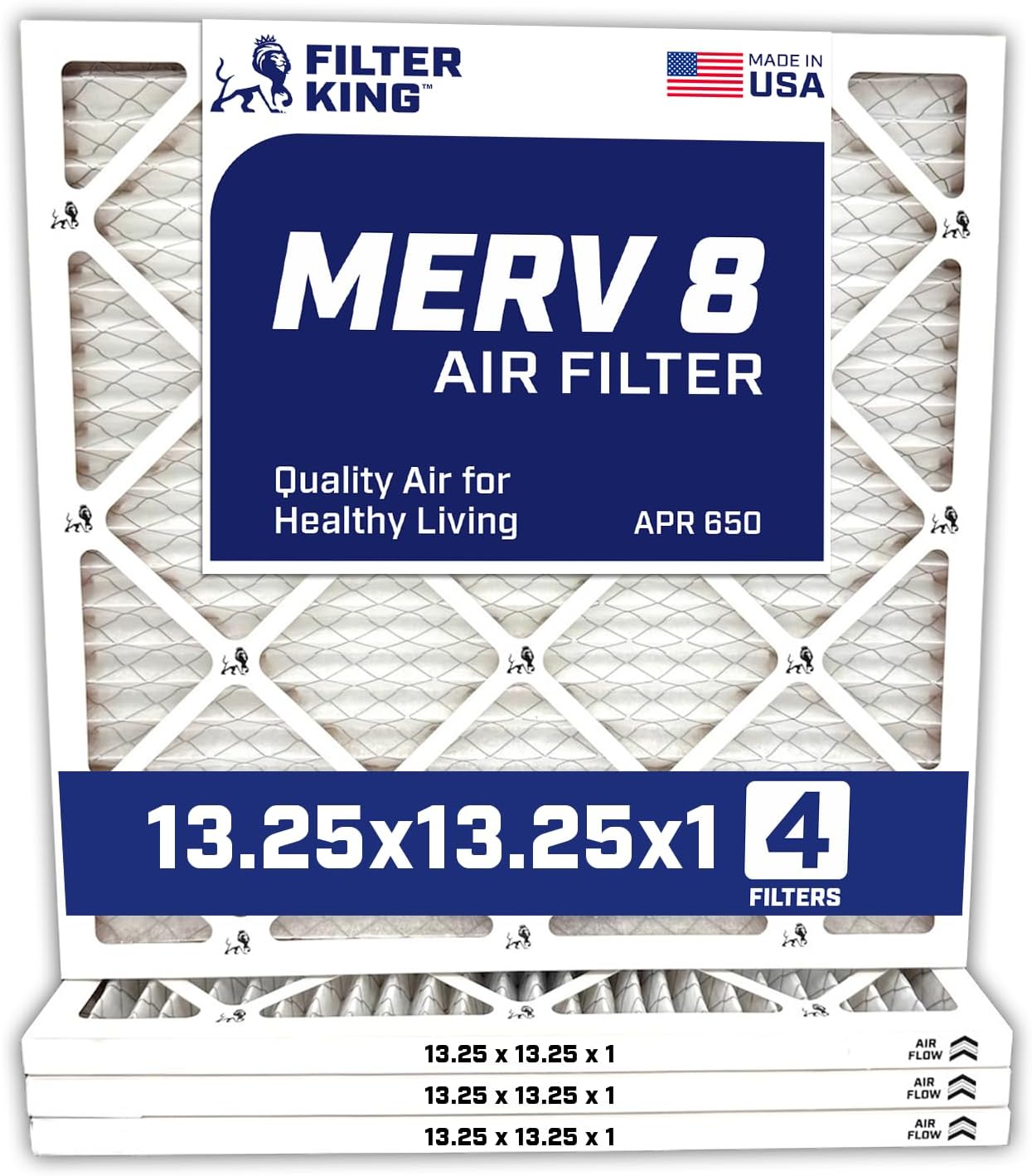 Filter King 13.25x13.25x1 Air Filter | 4-PACK | Carbon MERV 8 HVAC Pleated A/C Furnace Filters | MADE IN USA | Actual Size: 13.25 x 13.25 x .75"