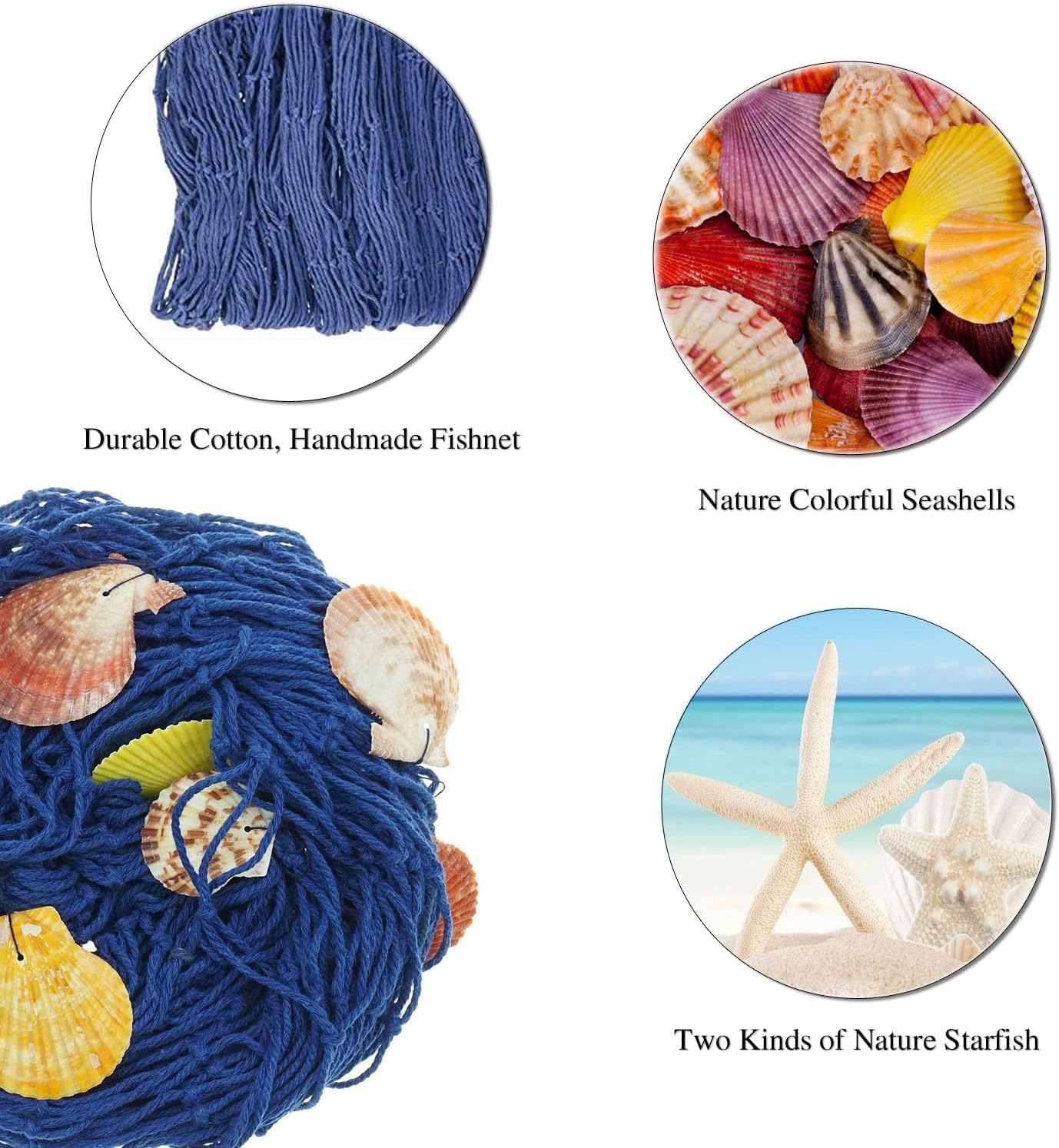 79 x 59 inch Nature Fish Net Wall Decoration with Colorful Sea Shells and 10 Pcs Natural Starfish Ocean Themed Mediterranean Style Fishing Net for Beach Party,Wedding,photography Wall Decoration