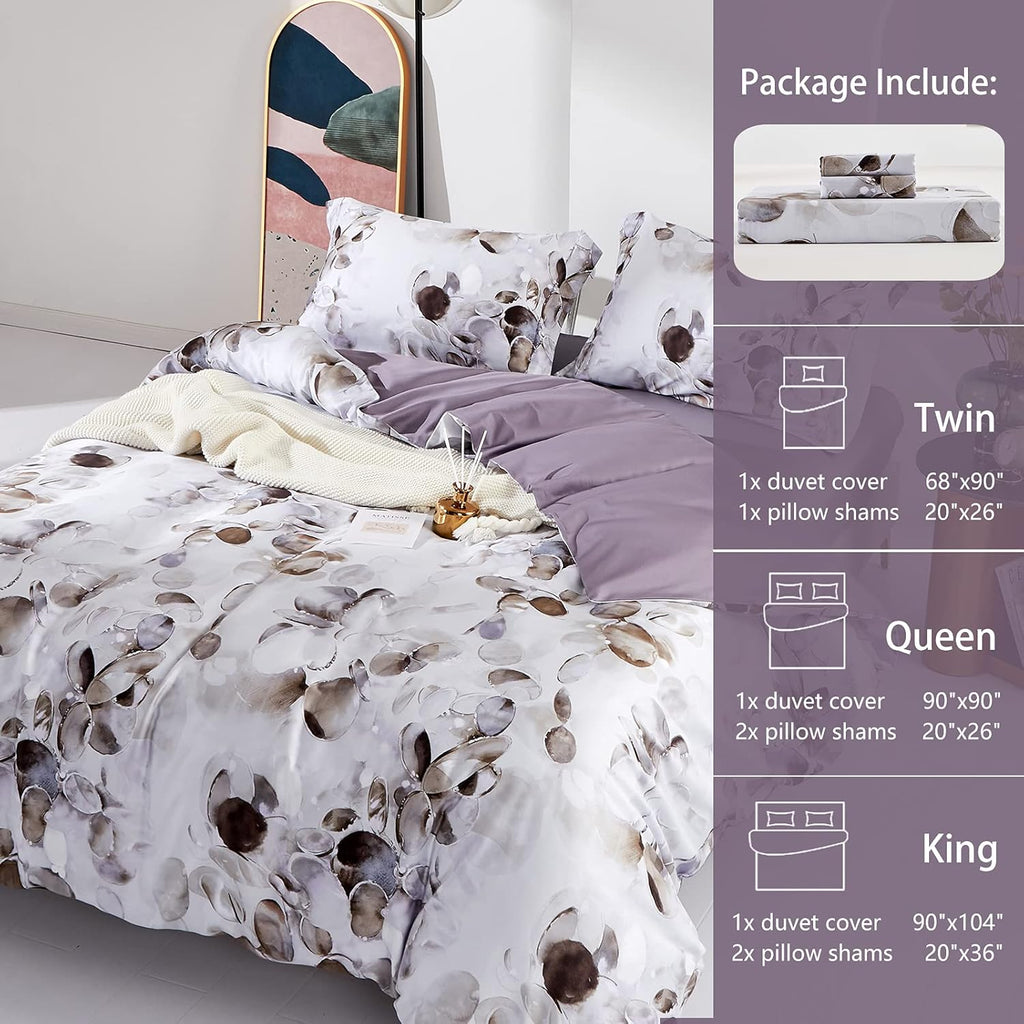 MILDLY 100% Long-Staple Cotton Duvet Cover Set Cobblestone Watercolor Pattern Printed Comforter Cover 3pcs, Ultra Soft & Breathable Bedding Set