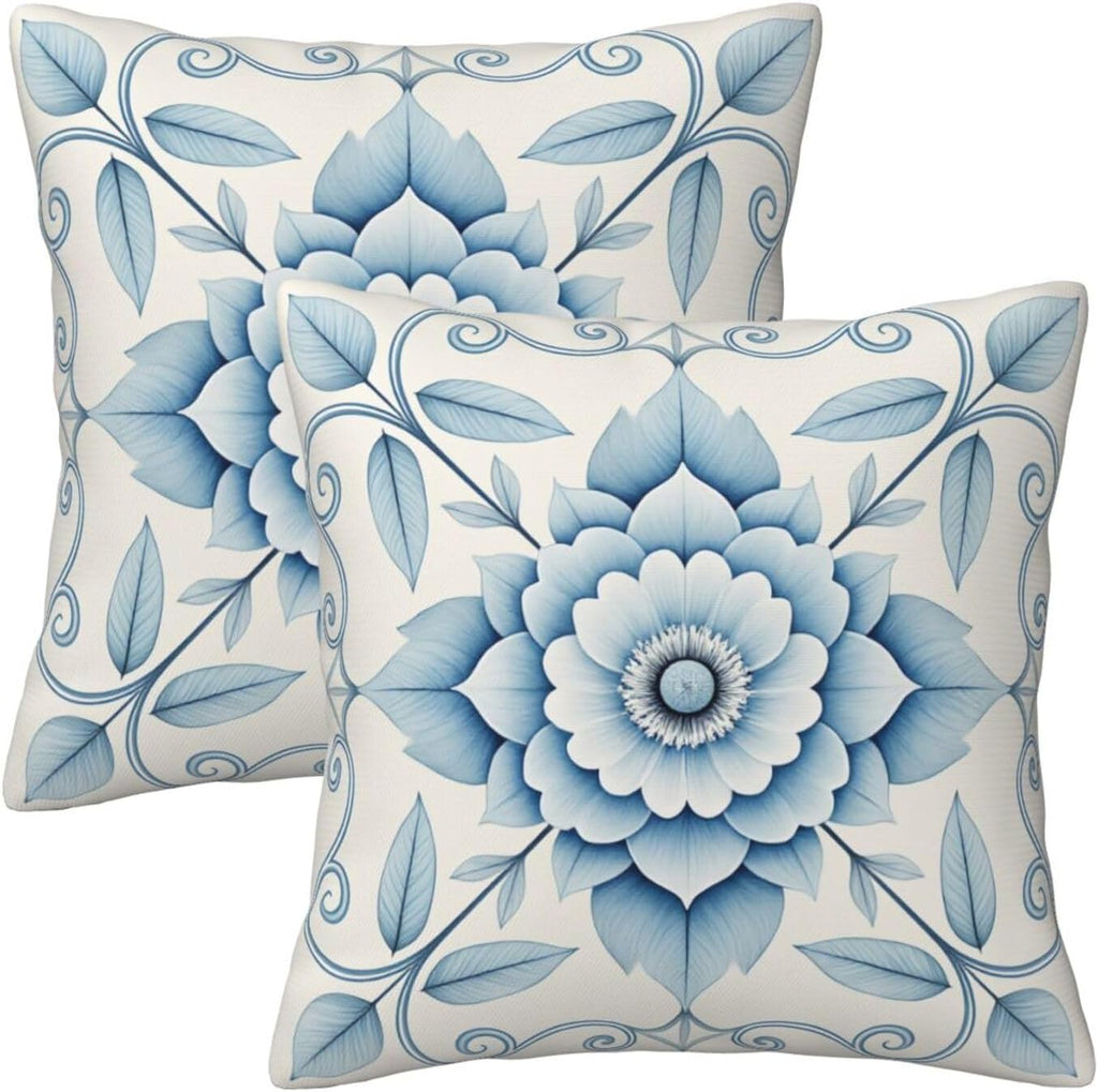Boho Chic Blue White Floral Throw Pillow Covers Set of 2 Ultra-Soft All-Season Pillow Shams with Hidden Zipper,Durable for Sofa Bed Car Decor & Gift Luxury 18x18IN