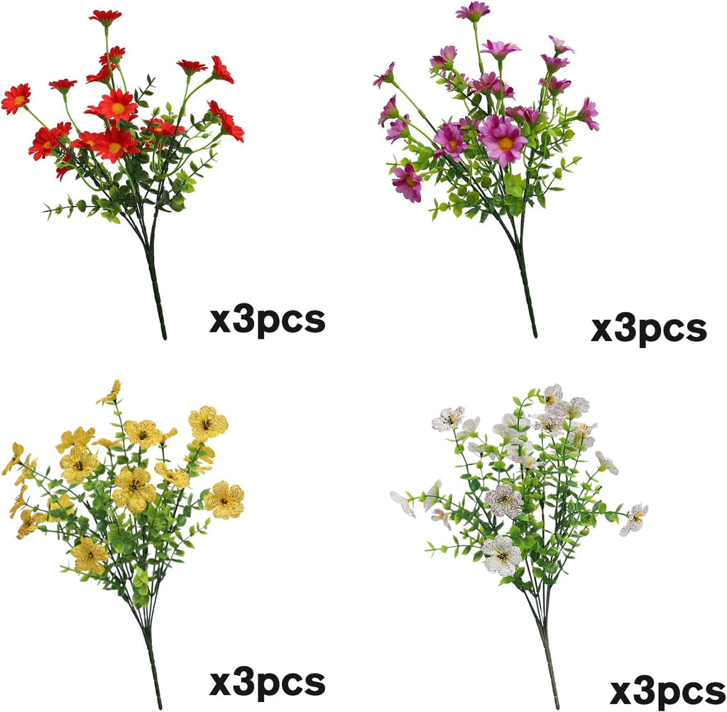 Artificial Outdoor Flowers 12 Bundles Spring Summer Silk Fake Plants Colorful Outside Realistic Wild Flower Plants Vibrant Durable Perfect Front Porch Planter Decoration (Multi Colour 1#)
