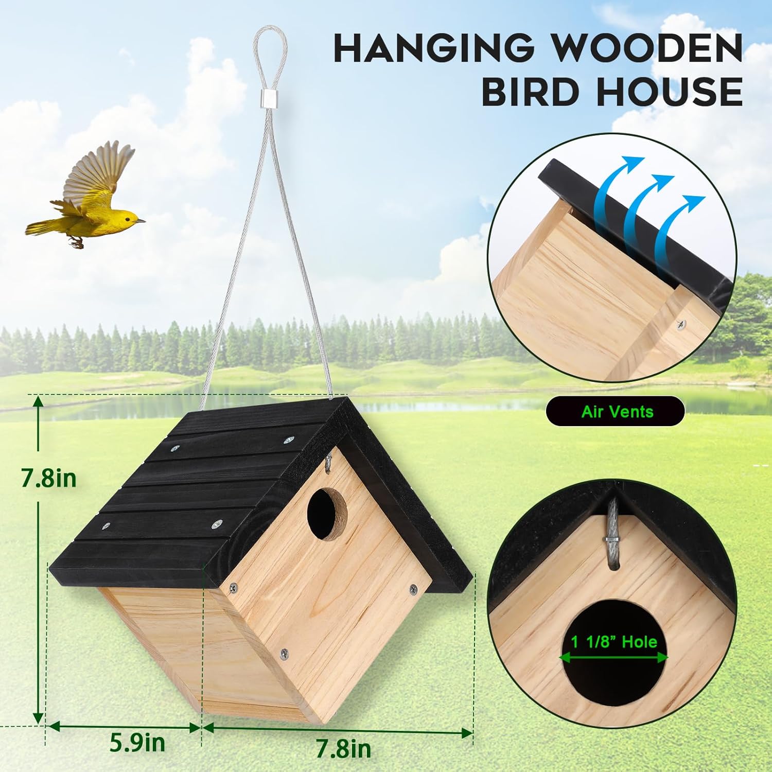 Gtongoko Hanging Wren Bird Houses for Outside, Cedar Wooden Bird Houses for Outdoors, Bird Nest with Air Vents, 1-1/8"Entrance Hole, Clean Door for Wildbird Watching, 1 Pack Black