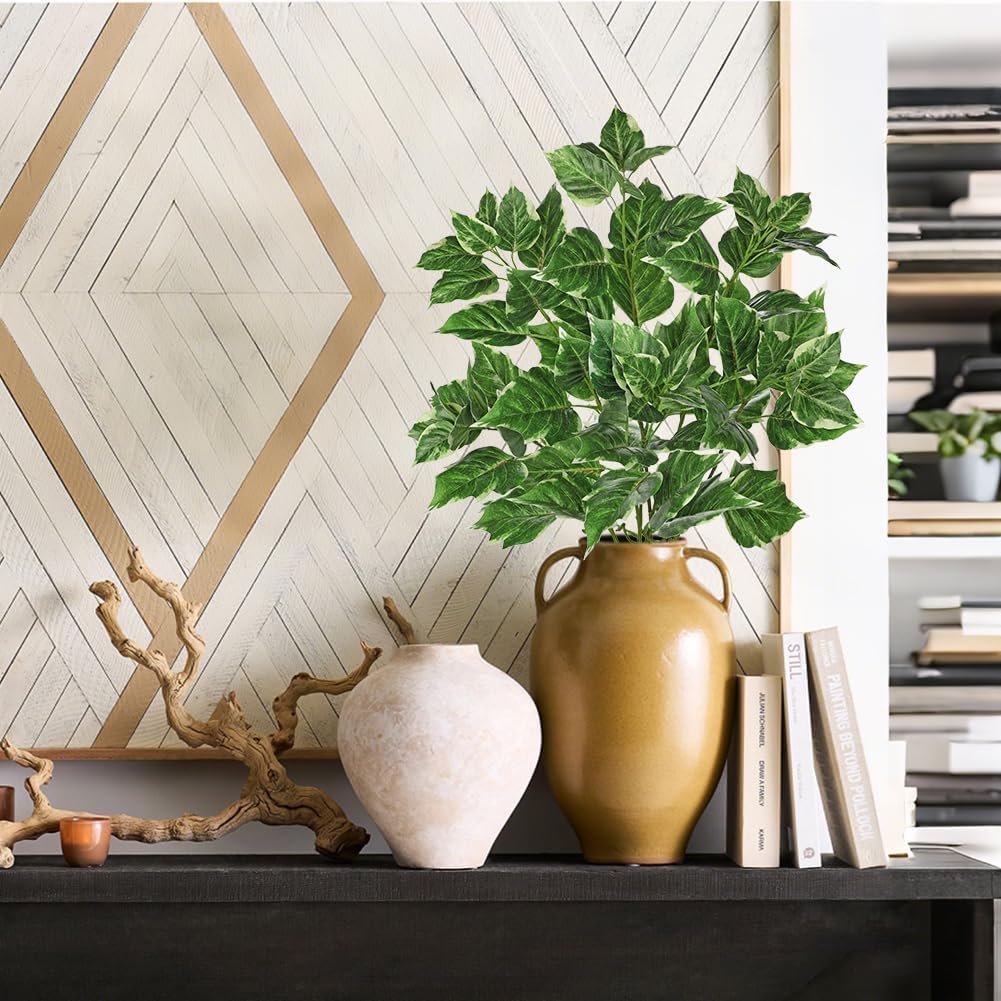 Hollyone 3PCS Artificial Greenery Stems for Vase 33.4 Inch Faux Leaf Branches Long Stems Fake Shrubs Branches Leaves Plants with White-Edged Twig Stems for Vase Garden Office Wedding Home Decor