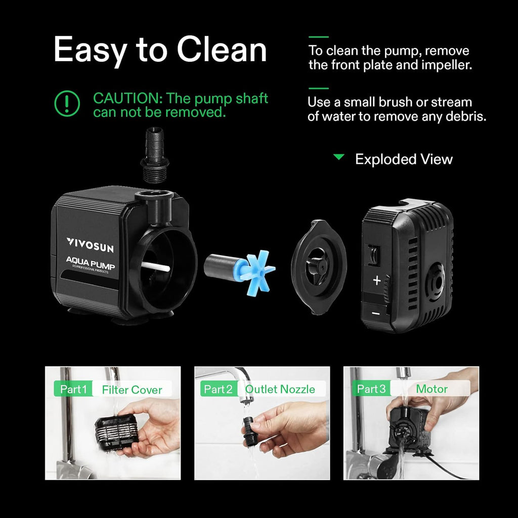 VIVOSUN 210GPH Submersible Pump(800L/H, 8W), Ultra Quiet Water Pump with 3.3ft High Lift, with 5ft Power Cord, 2 Nozzles for Fish Tank, Pond, Aquarium, Statuary, Hydroponics Black