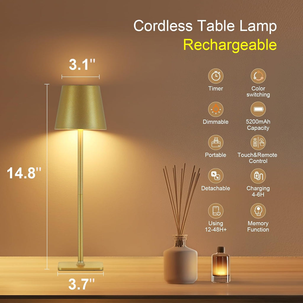 Cordless Table Lamp with Timer, Rechargeable 5200mAh Battery Operated Lamp with Remote, Adjustable Height, 3-Color Stepless Dimming, Small LED Table Lamp for Bedroom Dining Office Outdoor(Gold)