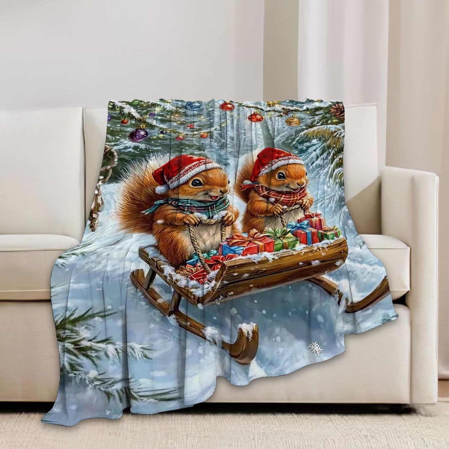 Christmas Squirrel Blanket Cute Animal Throw Blankets Gifts for Girls Boys Kids Squirrel Lover Soft Cozy Fleece Plush for Couch Sofa Bed 60"x50"