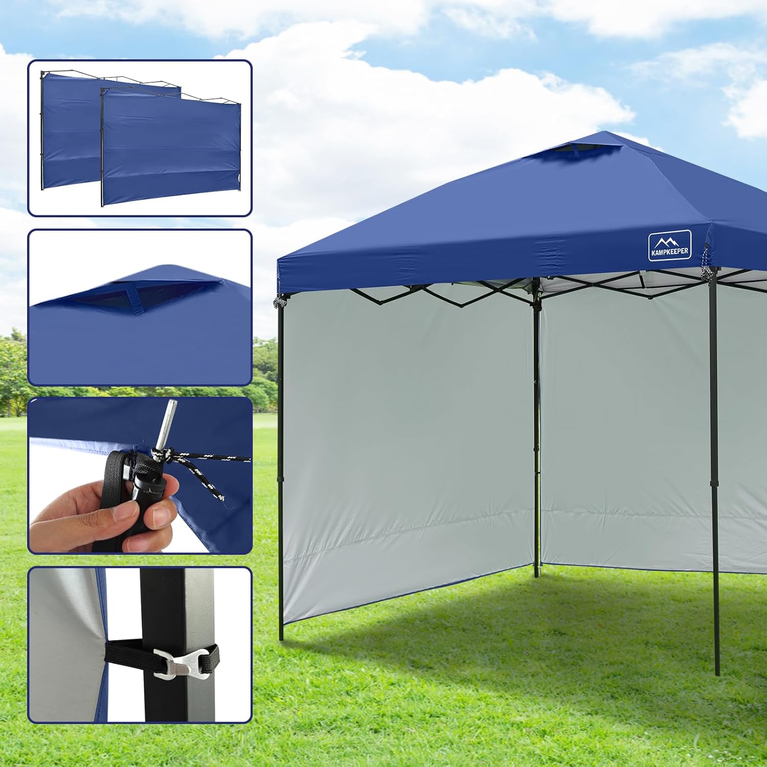 KAMPKEEPER 10x10 Easy Pop Up Canopy Tent with Sidewalls, Instant Outdoor Shade Shelter with Removable 10FT Sun Walls, Quick Setup Waterproof and UV-Resistant for Patio (Navy Blue, 2 sidewall)