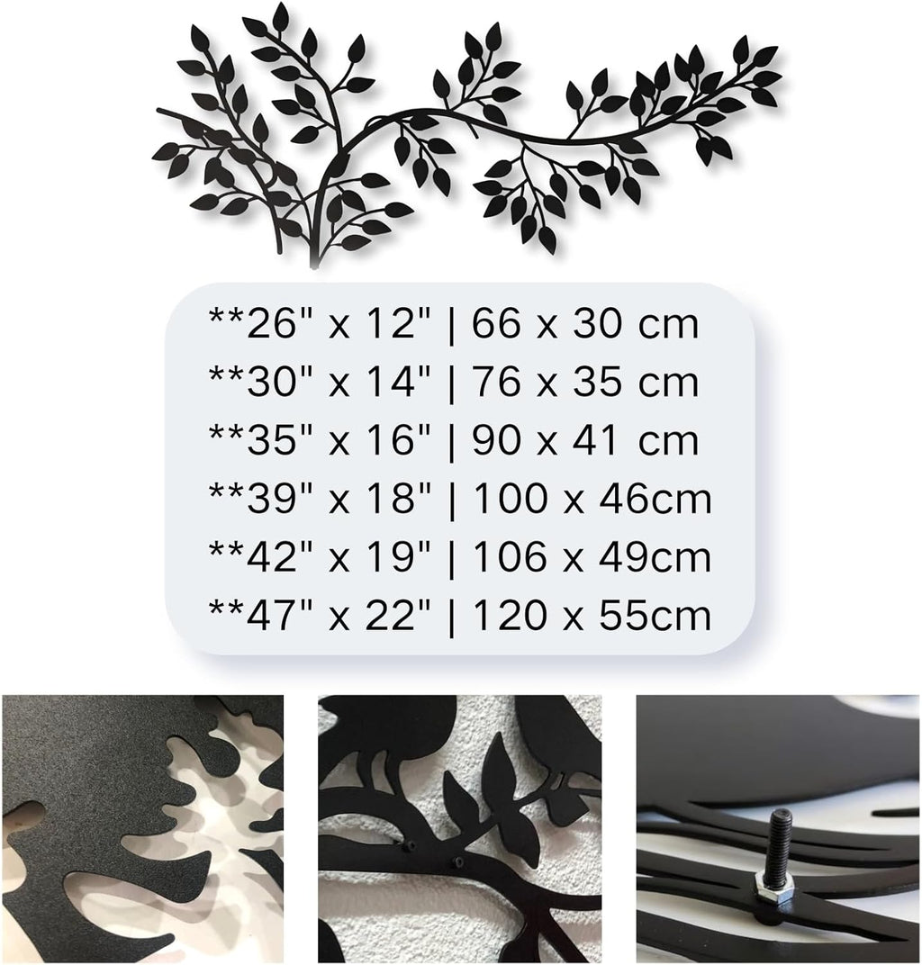Elegant Metal Tree Wall Art Decor,Modern Branch Design with Ivy & Palm Leaf Accents,Black Metal Wall Sculpture for Living Room, Bedroom (47" x 22" | 120 x 55cm)
