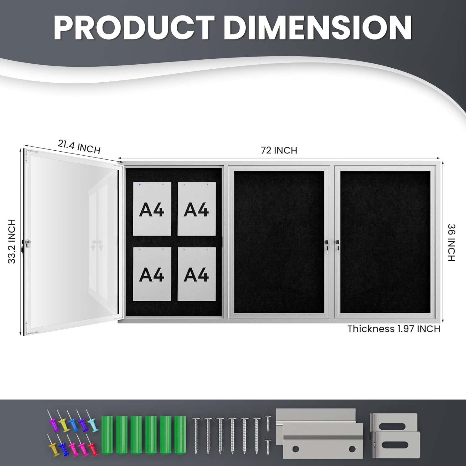 72"x36" Lockable Enclosed Bulletin Board, Outdoor Flet Weather-Resistant Aluminum Frame Notice Board, Wall Mounted Display Case Acrylic Doors for School,Office,Silver Frame w/Black Flet