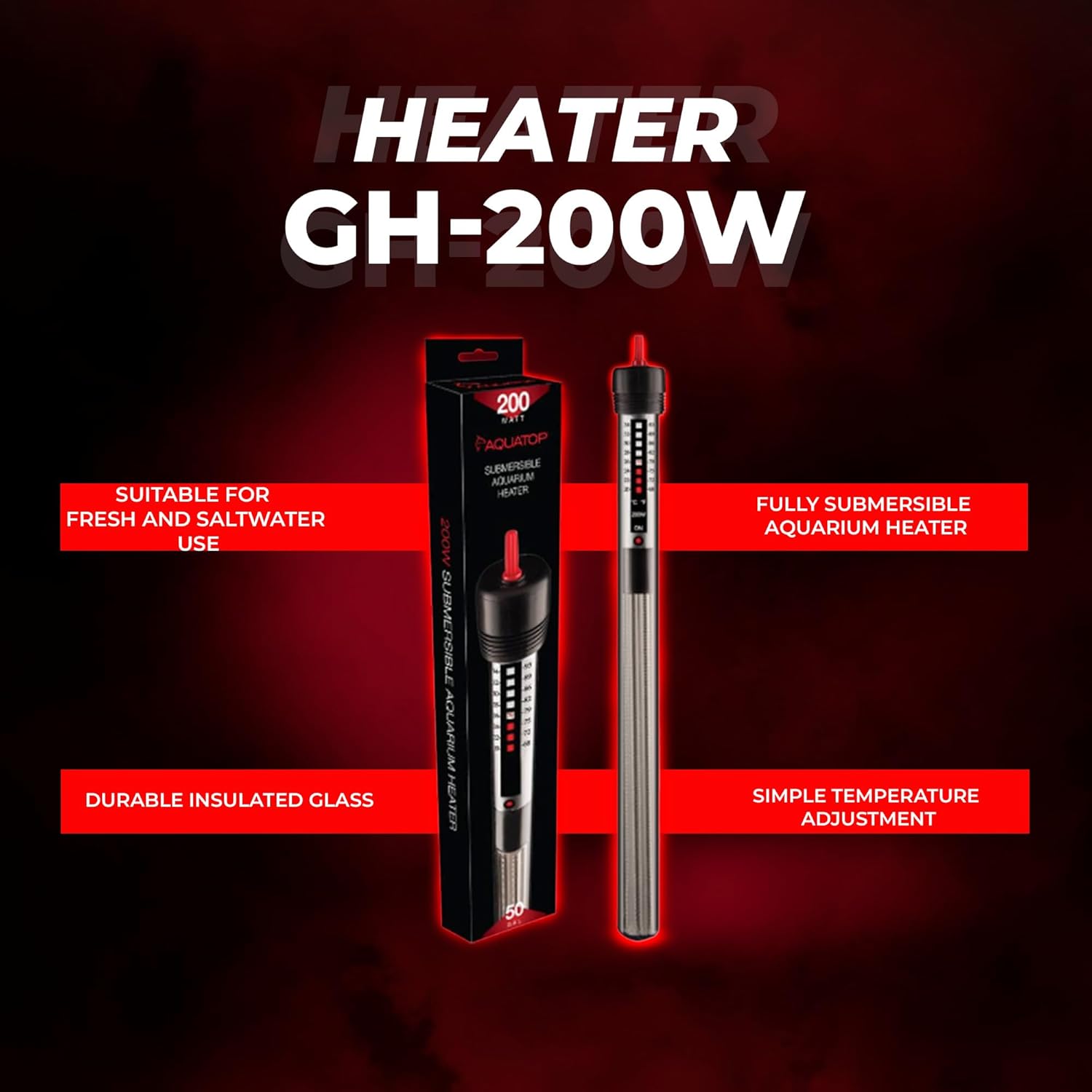Aquatop 200W Submersible Aquarium Glass Heater – Adjustable Temperature for Tanks Up to 50 Gallons, Freshwater & Saltwater Use, GH-200
