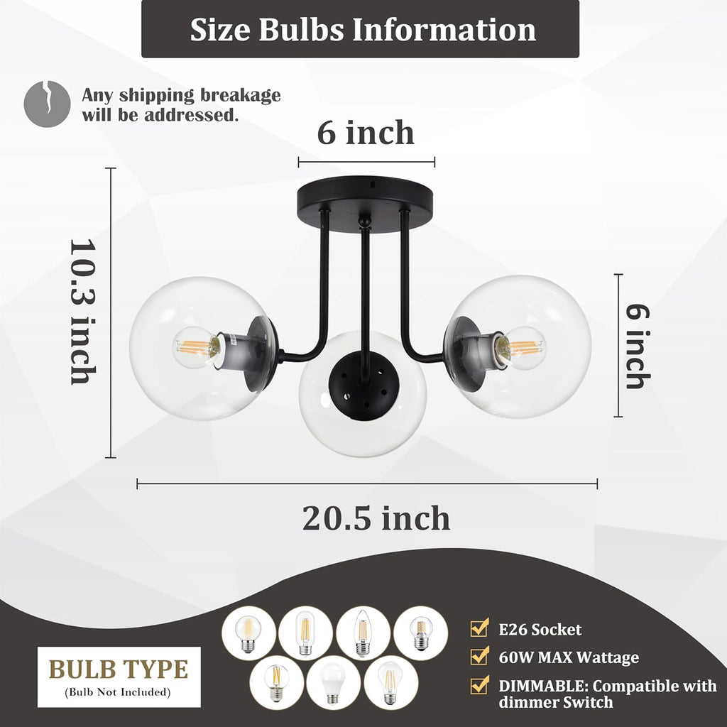 KoKo&Yukina 3-Light Semi Flush Mount Ceiling Light Globe Lights Mid Century Ceiling Light with Clear Glass Globe & Matte Black for Bedroom Hallway Entryway Kitchen Living Room (Bulb Incl.)