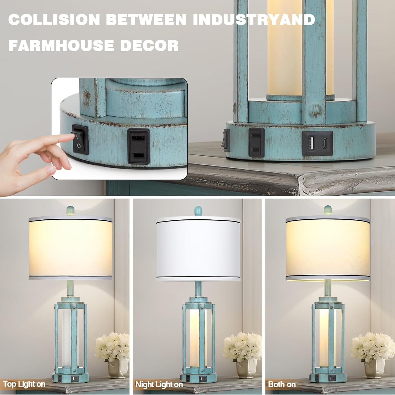 Table Lamp for Living Room, Vintage Rustic Industrial Farmhouse Lamps with USB A+C Charging Ports & AC Outlet, Beside Nightstand Metal Lamp with LED Night Light & Fabric Shade for Bedrooms