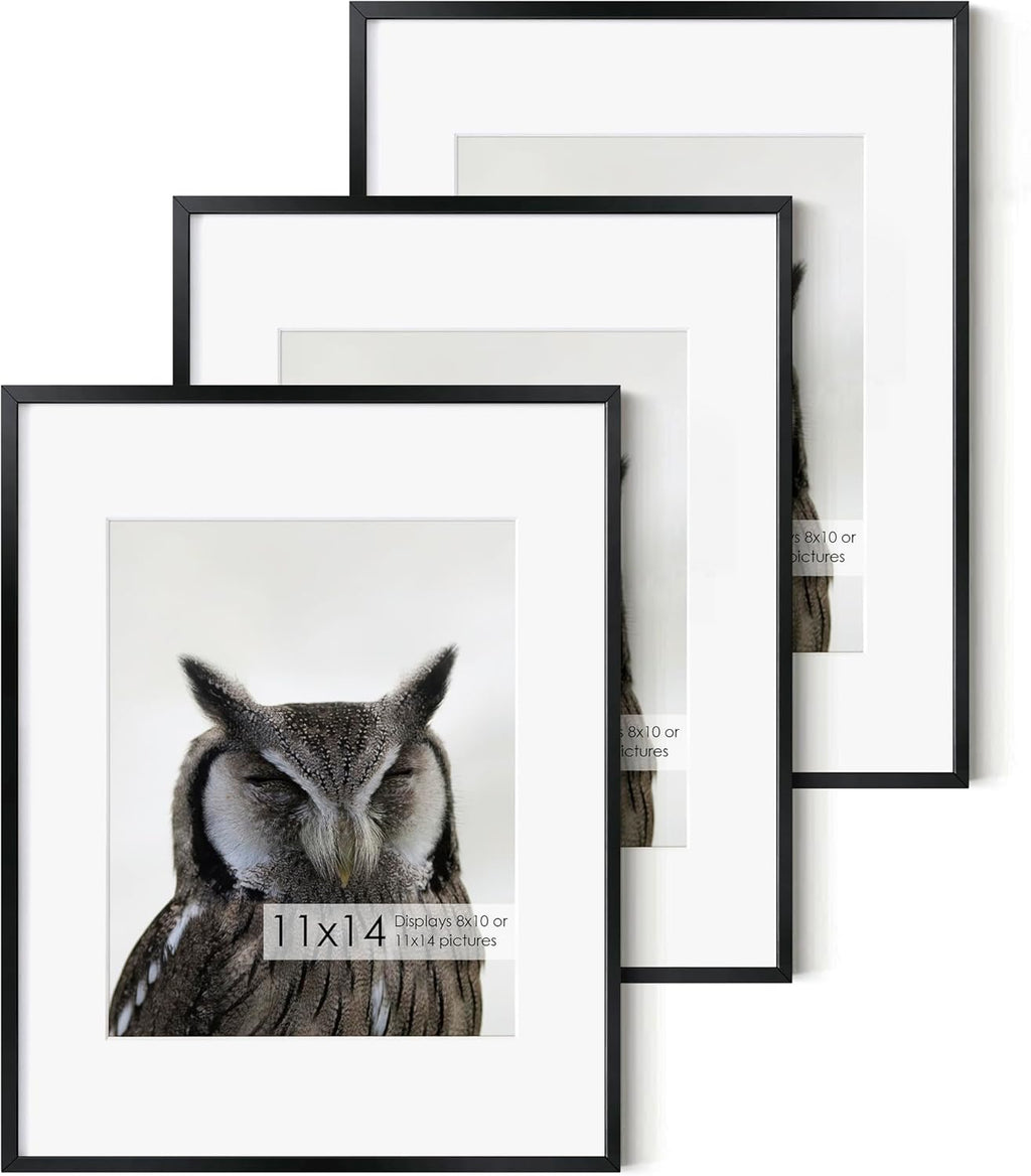 Fun Memories 11x14 Premium Metal Picture Frame - 11x14 Aluminum Photo Frames with 8x10 Mat, and Hanging Hardware - Ideal for Wall or Tabletop Display - Set of 3 - Black