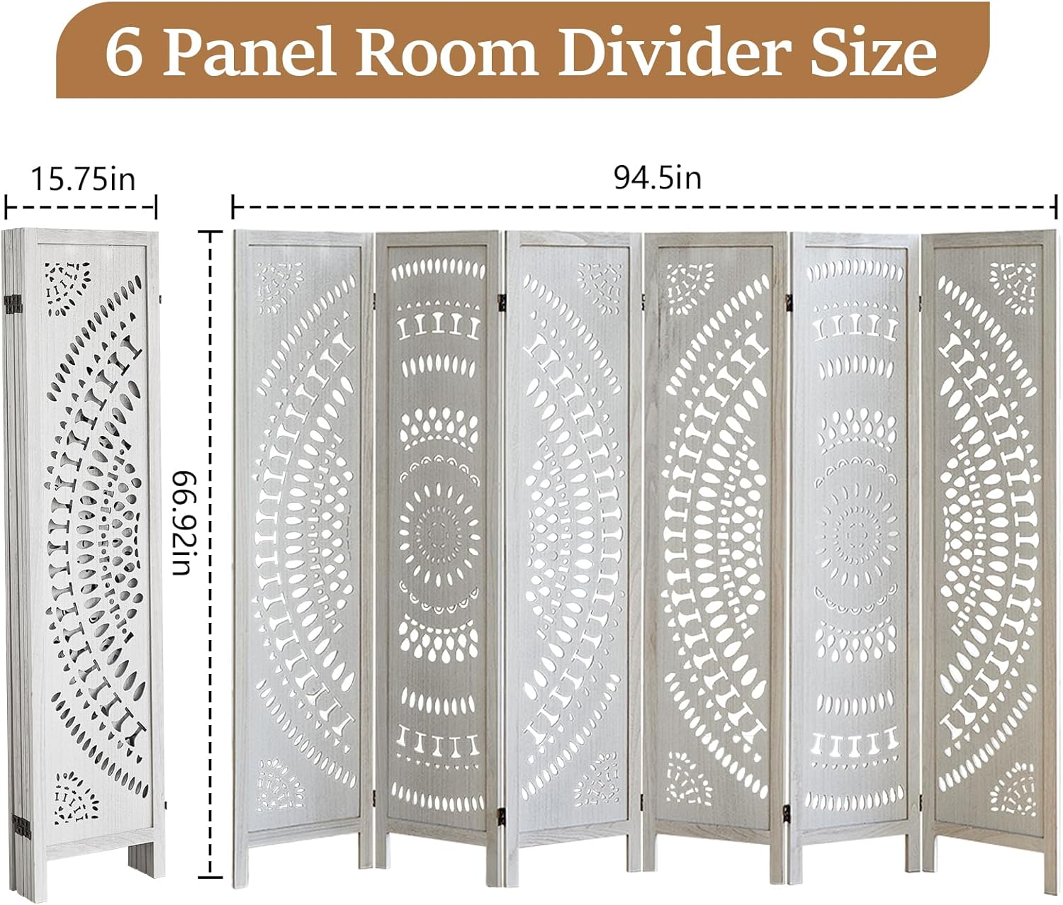 Room Dividers and Folding Privacy Screens, Boho 6 Panel Room Divider, 67" Room Divider Wall, Modern Room Partition, Privacy Dividers for Rooms, Bedroom, Office, White