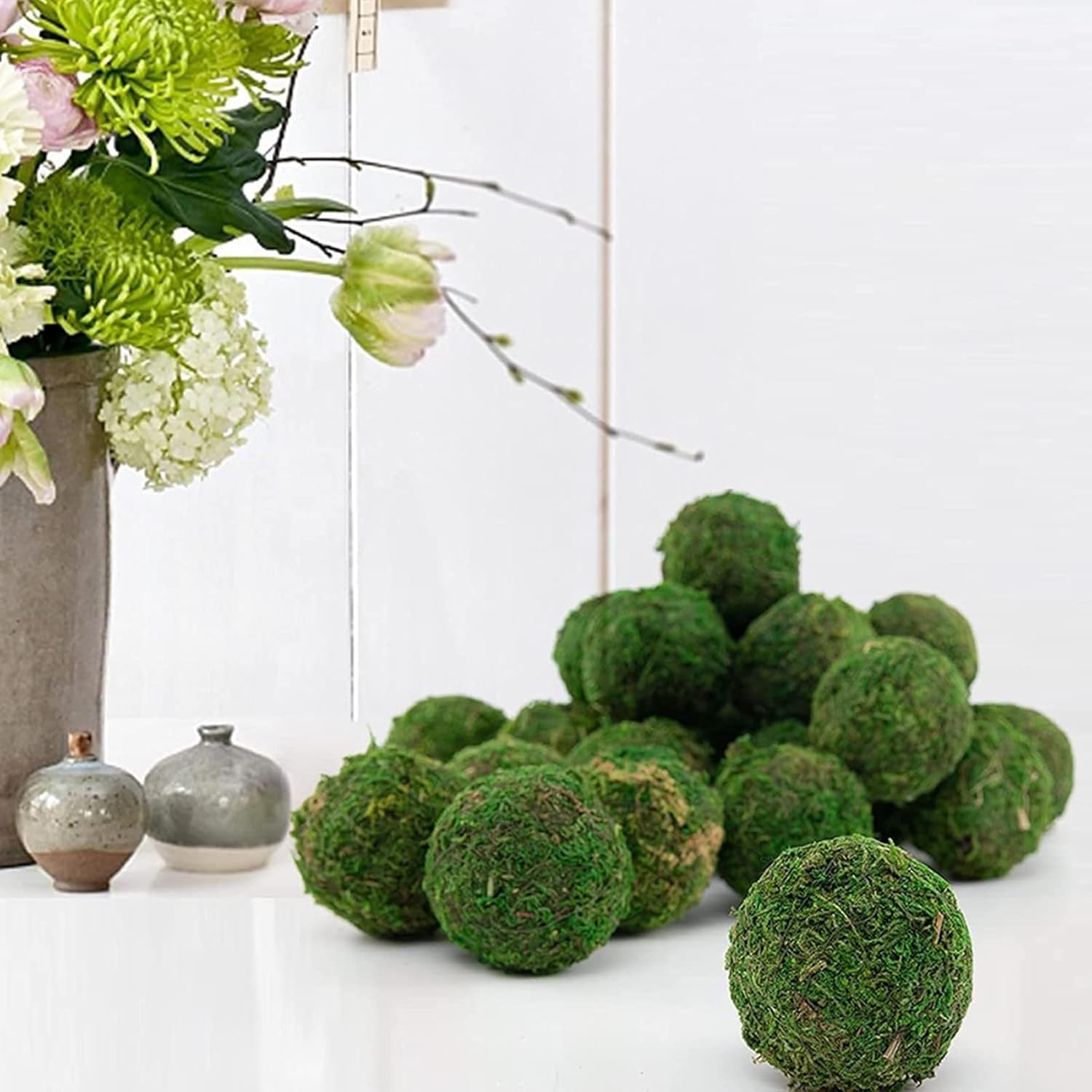 18pcs Moss Balls Decorative Faux Green Dried Artificial Moss Balls for Centerpiece Bowls for Home Garden Wedding Party Decor (6pcs 3.5"+12pcs 2")