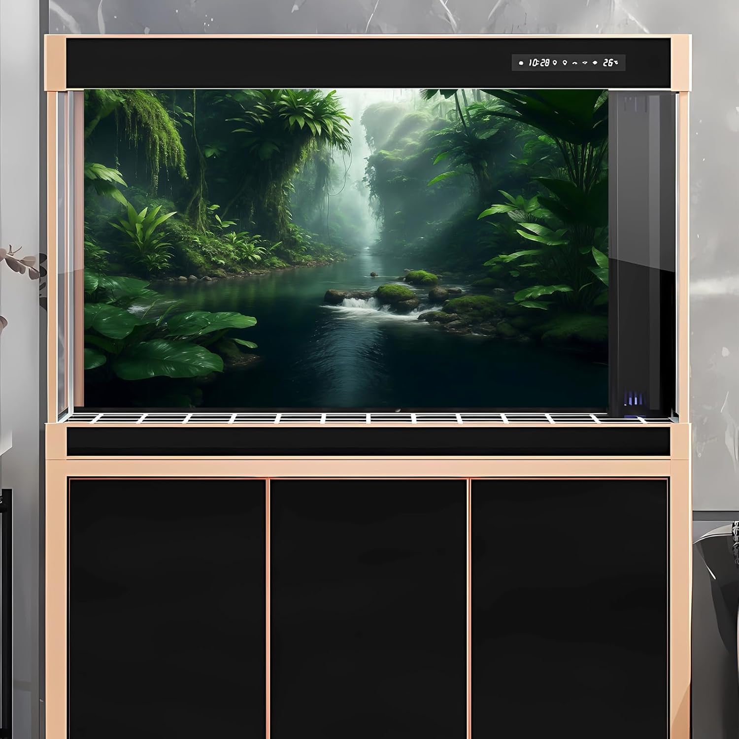 Jungle Aquarium Background Stream River Foggy Rainforest Terrarium Background Waterfall with Lush Green Jungle Plants Fish Tank Background Tranquil Natural Jungle Forest Aquarium Backdrop 60x24in