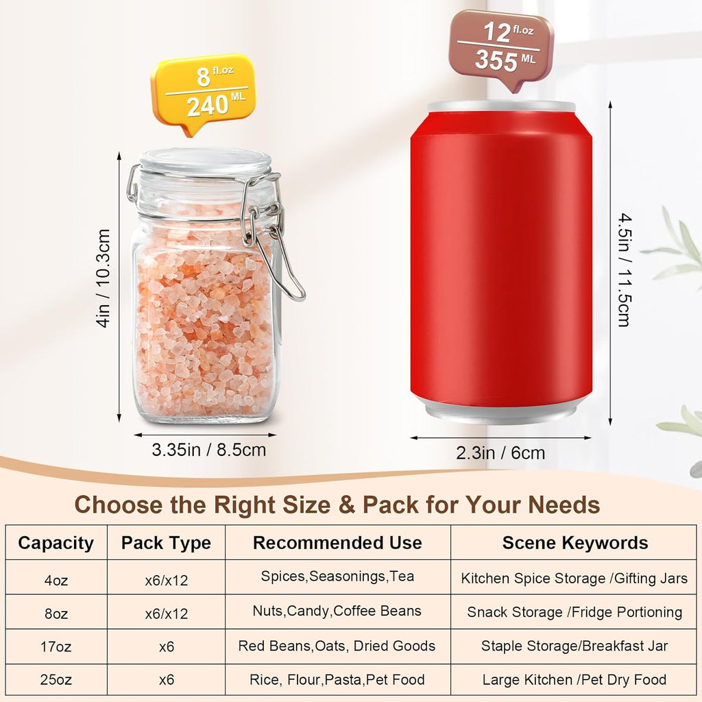 12 Pack Spice Jars, 8 oz Glass Containers with Airtight Lids, Small Herb Jars with Labels for Kitchen Storage