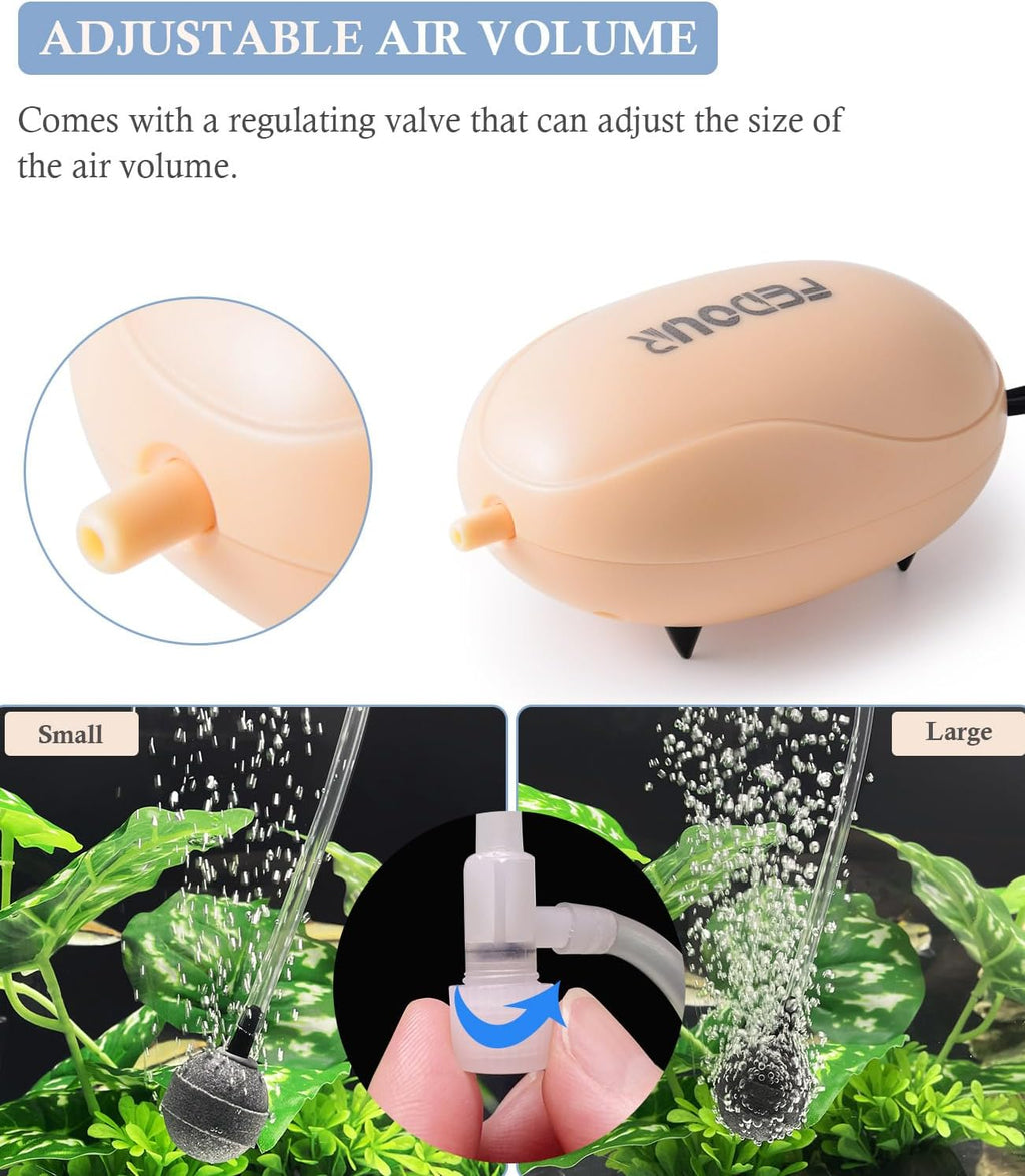 FEDOUR Mini Aquarium Air Pump, Quiet Fish Tank Oxygen Pump with Single Outlet, Aquarium Air Bubbler with Complete Accessories for up to 20gallon Fish Tanks, Betta Tanks, Shrimp Tanks