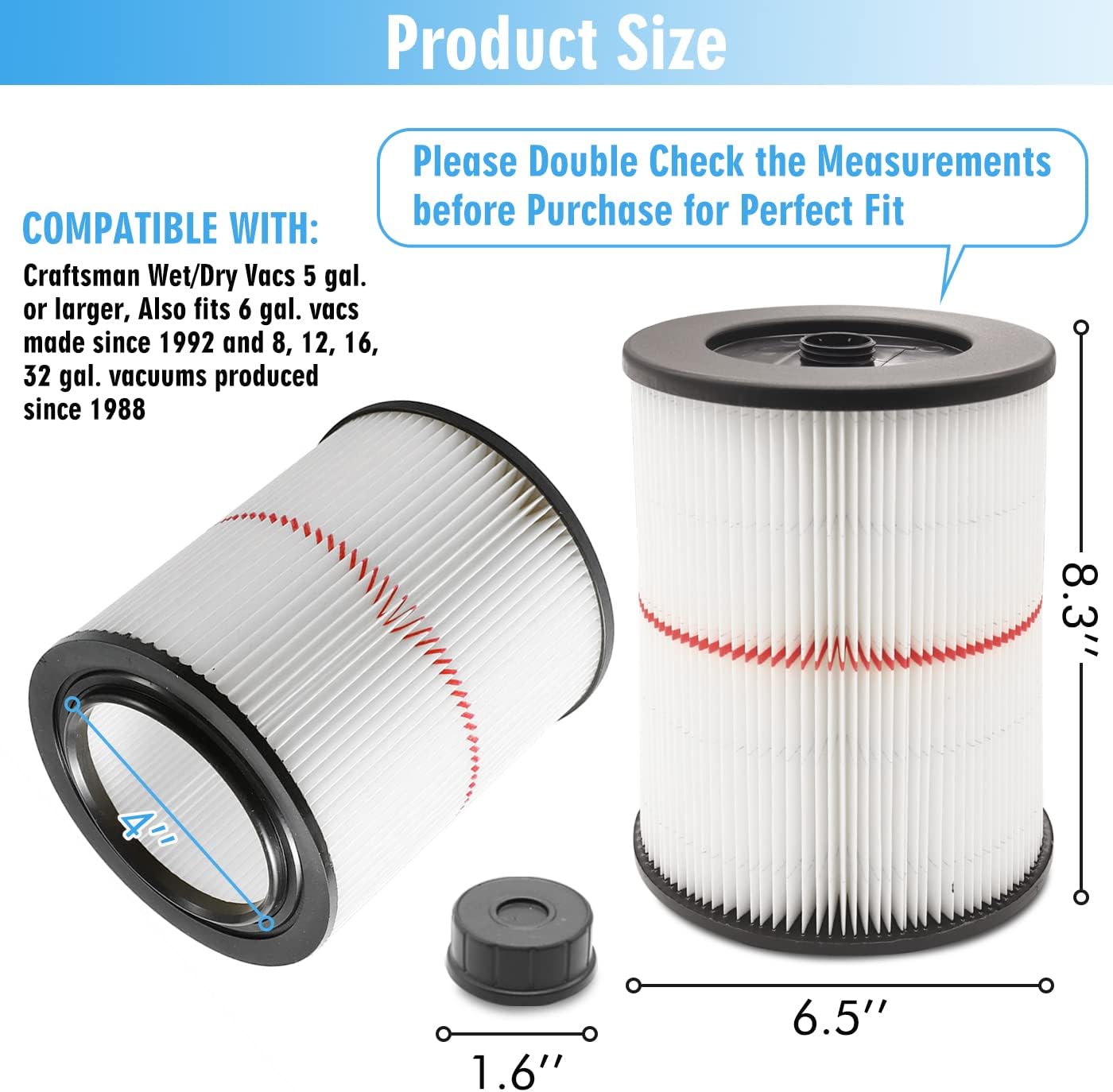 GIB cleaningtool 17816 Filter for Craftsman Shop Vac 9-17816 Replacement Cartridge Filter for Craftsman Wet Dry Vac Air Filter Fits 5/6/8/12/16/32 Gallon & Larger Vacuum Cleaner