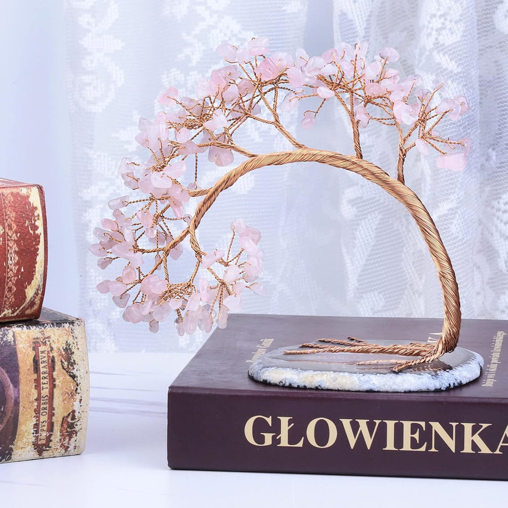 mookaitedecor Natural Rose Quartz Crystal Money Tree Agate Slice Base Feng Shui Bonsai Crystal Tree for Wealth Luck Desk Decor, 4.5-5.2 Inch High