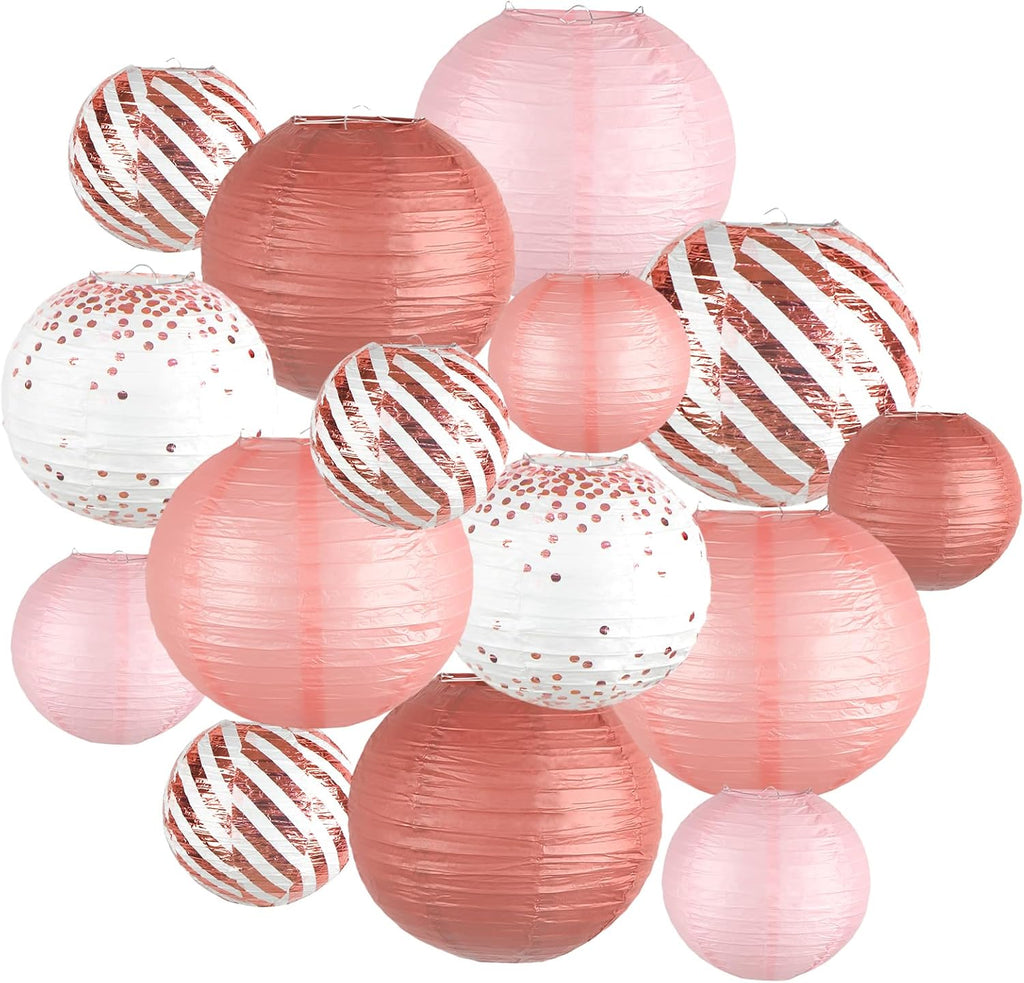 Paper Lanterns Decorative, Rose Gold Round Hanging Paper Lantern Decorations for Birthday Party Bridal Shower Wedding Baby Shower Engagement Valentine's Day Party Supplies