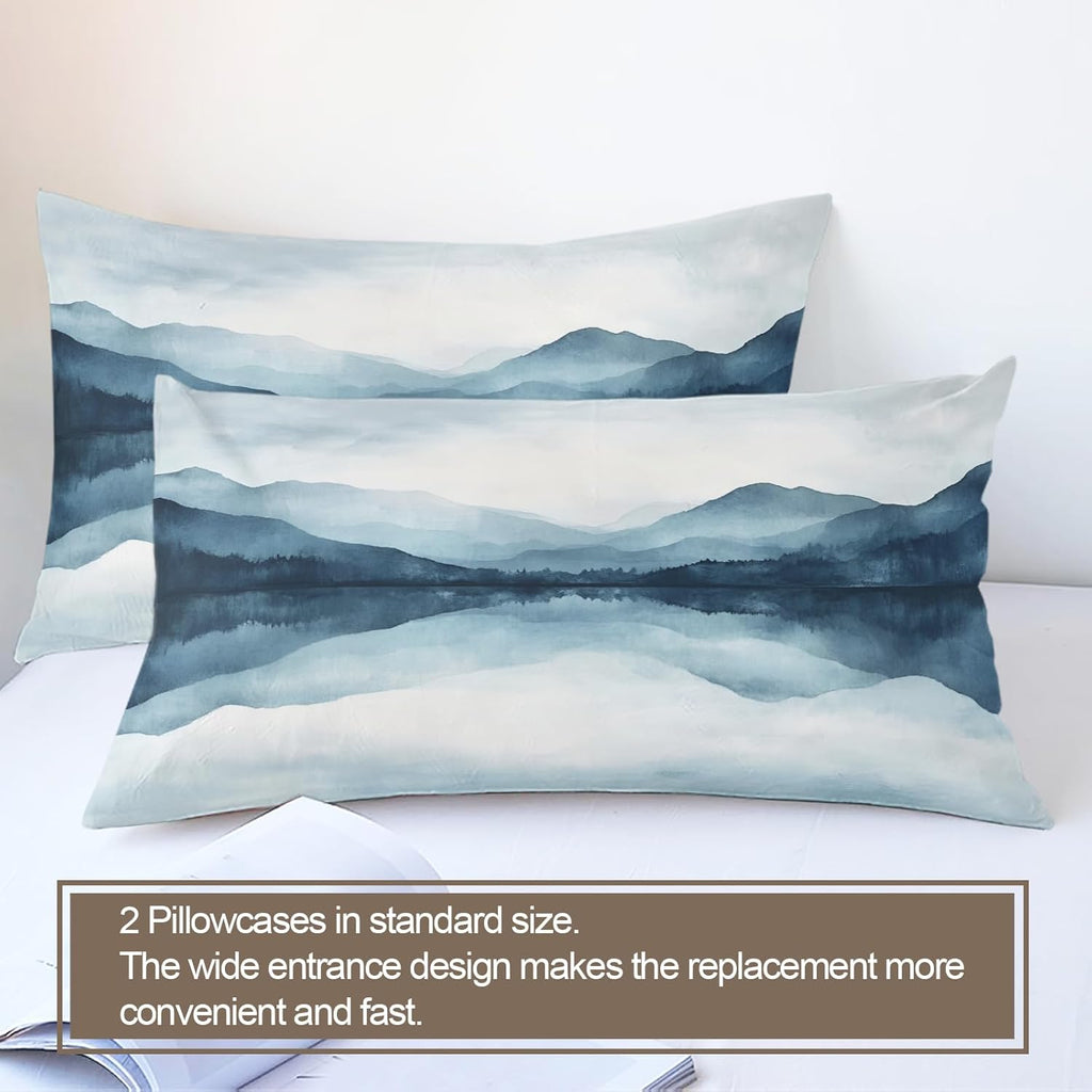 Misty Mountain Duvet Cover Oversized King, Foggy Forest Bedding Set 3 Piece Bedroom Decor Teal Ink Landscape Comforter Cover and 2 Pillow Sham with Zipper Closure