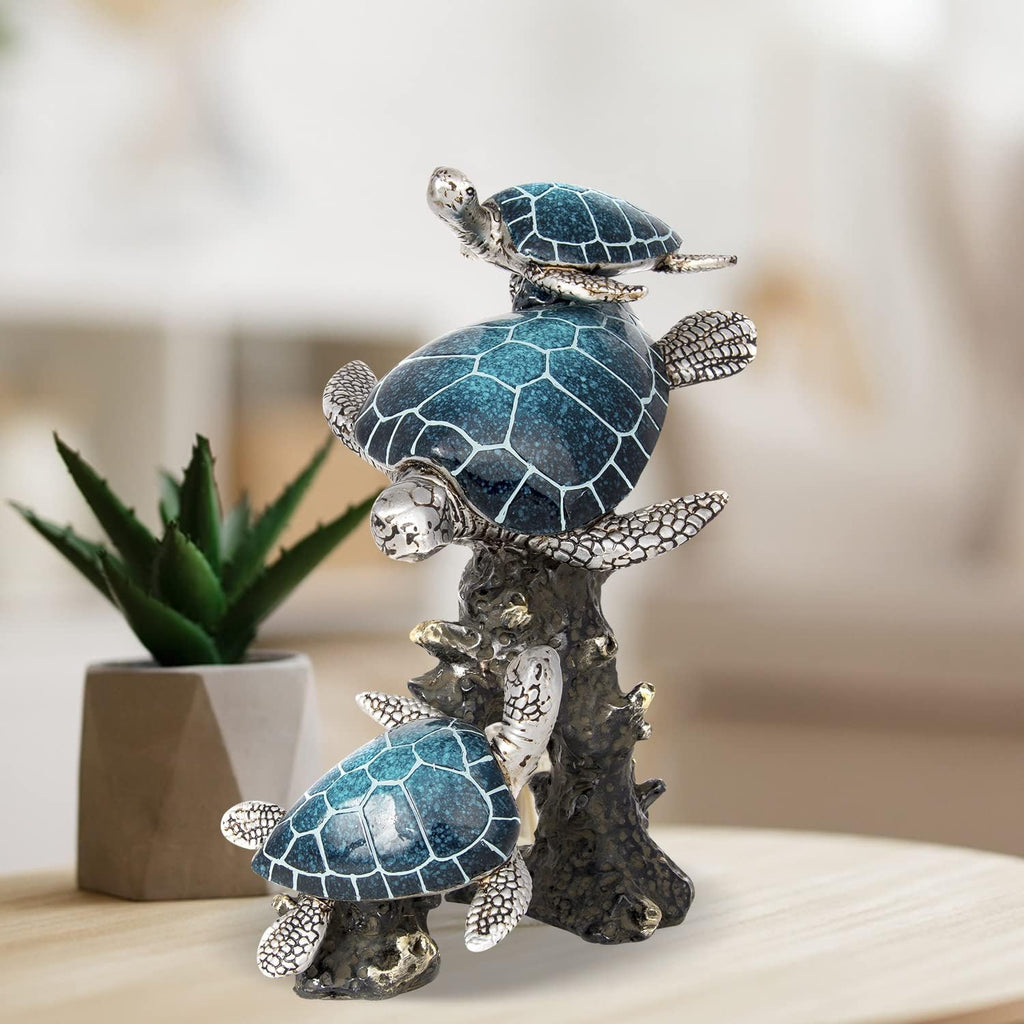 Triple Sea Turtle Statue – Ocean Decor Figurine with Coral Reef Base | Coastal Tabletop Accent in Bronze, Silver & Pacific Blue | Beach House Nautical Room Decoration (9.5" x 7.25")
