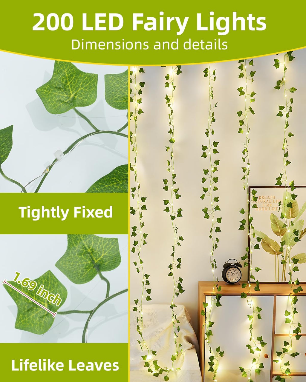 KASZOO Vines with Fairy Lights for Bedroom - 200 LED Ivy Curtain Wall Vines for Wedding, Party, Dorm, Indoor & Outdoor Use, 6.5ft x 6.5ft
