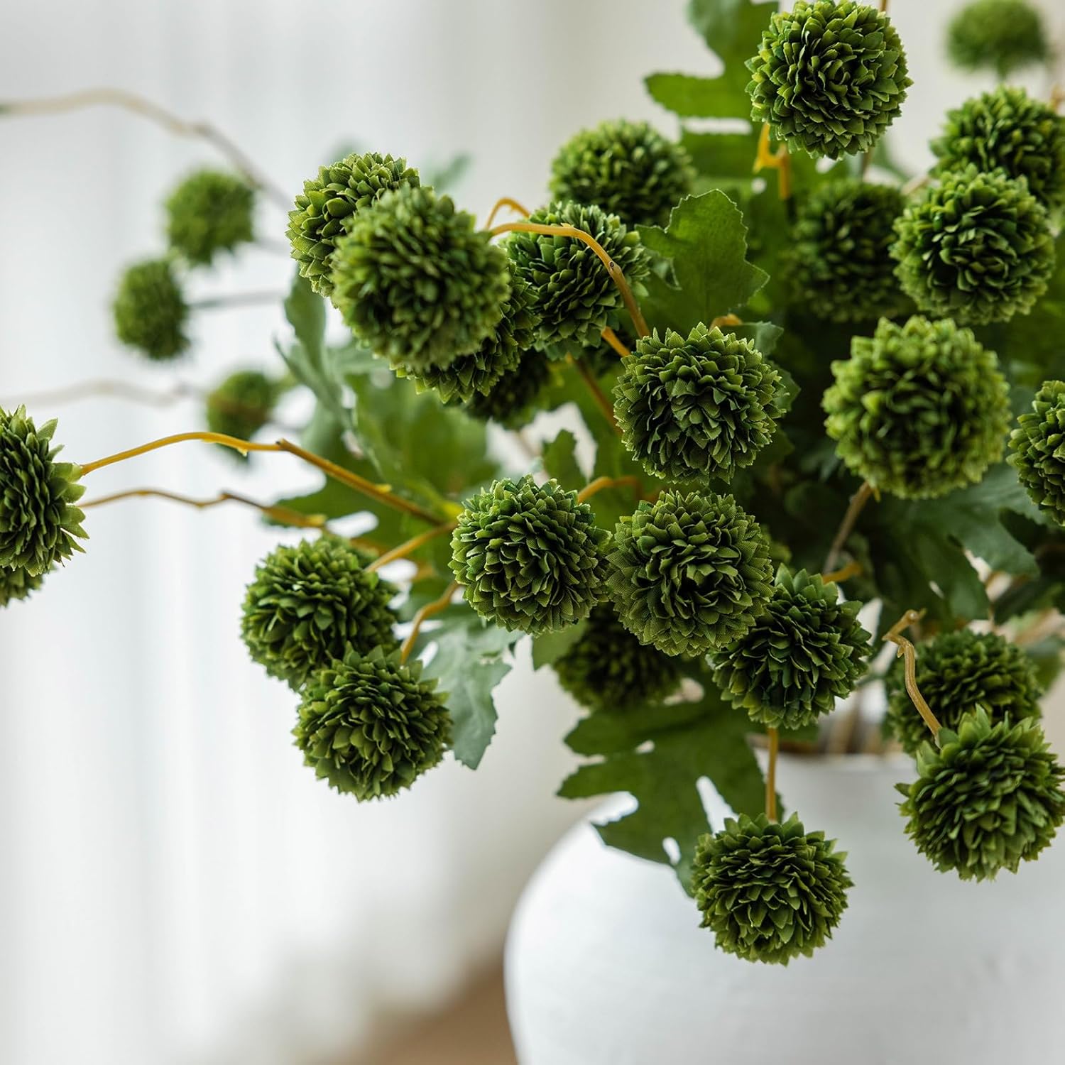 mizii 6Pcs Green Fake Silk Pompon Mum Artificial Flowers Bulk Small Faux Chrysanthemums with Stems Realistic Floral Decorations for Wedding DIY Bouquet Centerpieces Shower Vase Home Decor (Green)