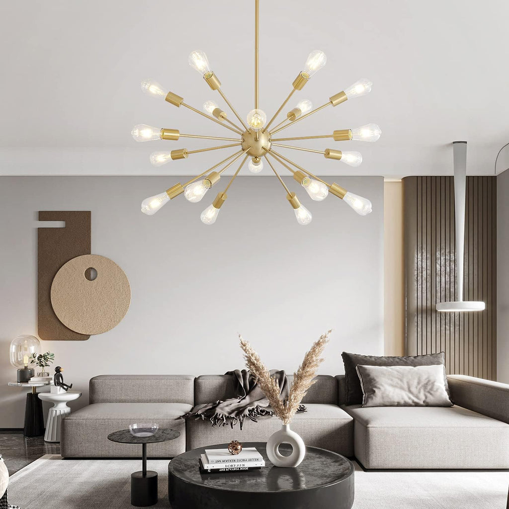 Mid-Century Sputnik Chandeliers 18-Lights, Modern Semi Flush Mount Ceiling Light Fixture Industrial Retro Hanging Lamps for Kitchen Living Room Dining Bedroom Corridor, Gold（Bulb Not Included）